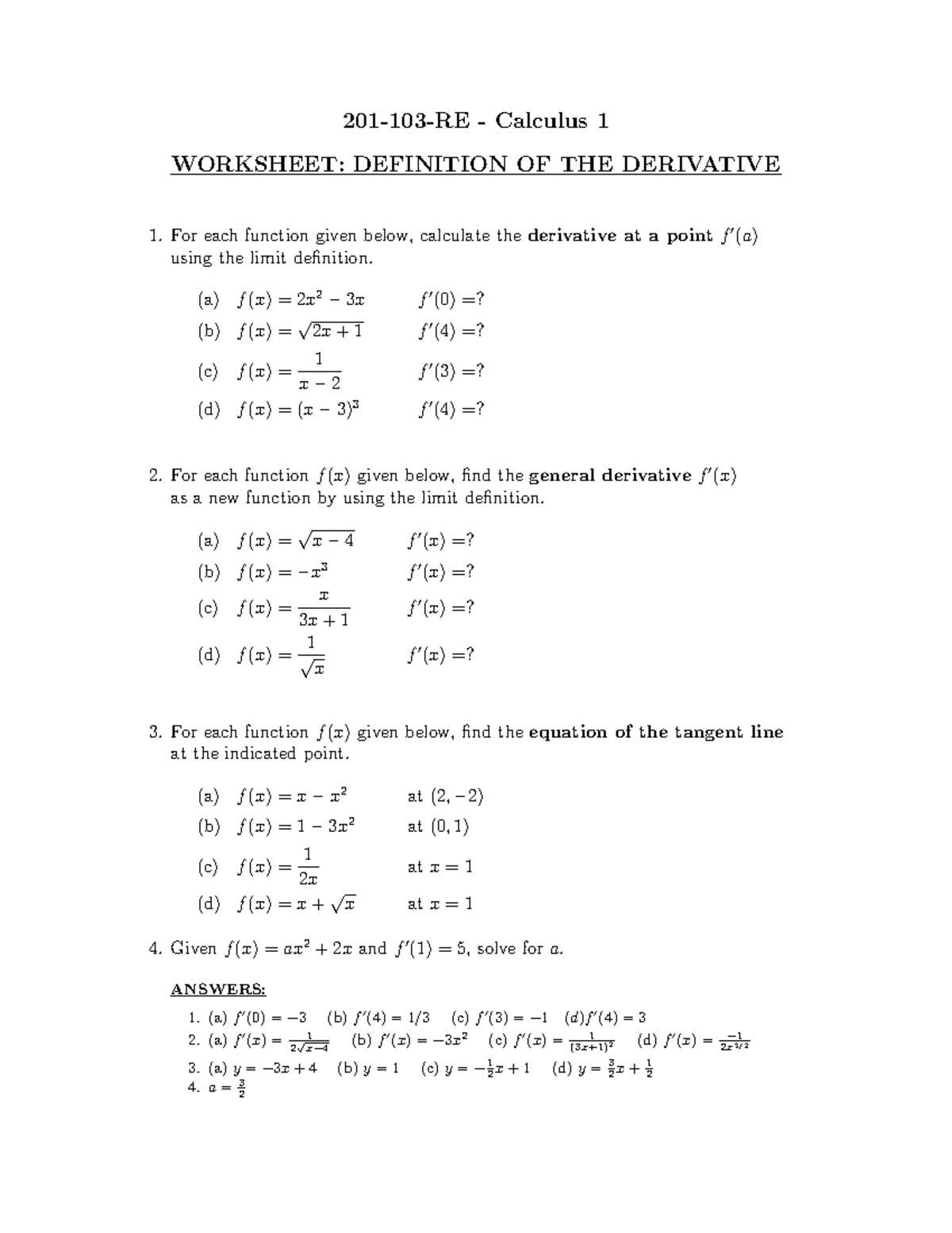 103 Worksheet Defn Derivative - 201-103-RE - Calculus 1 WORKSHEET ...