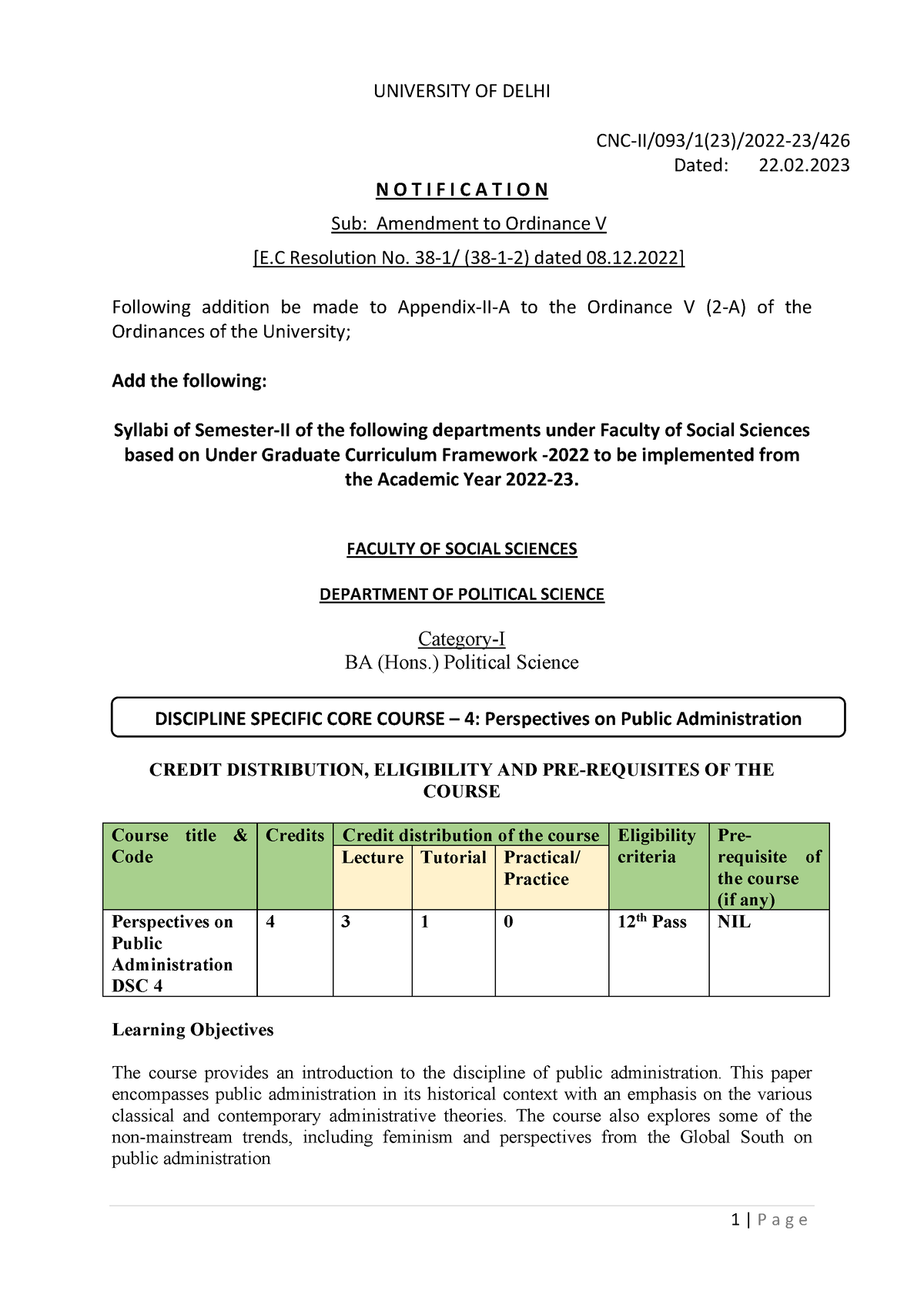 Syllabus CORE - UNIVERSITY OF DELHI CNC-II/093/1(23)/2022-23/ 426 Dated ...