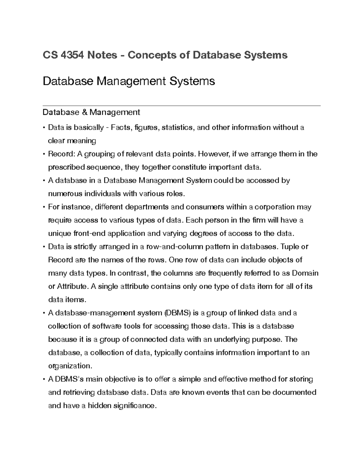CS 4354 Lecture Notes L1 CS 4354 Notes Concepts of Database