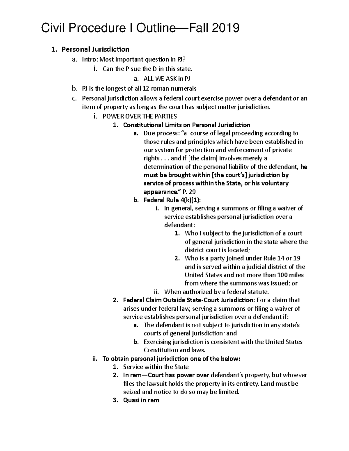 Civ Pro I Outline - 1. Personal Jurisdiction A. Intro: Most Important ...