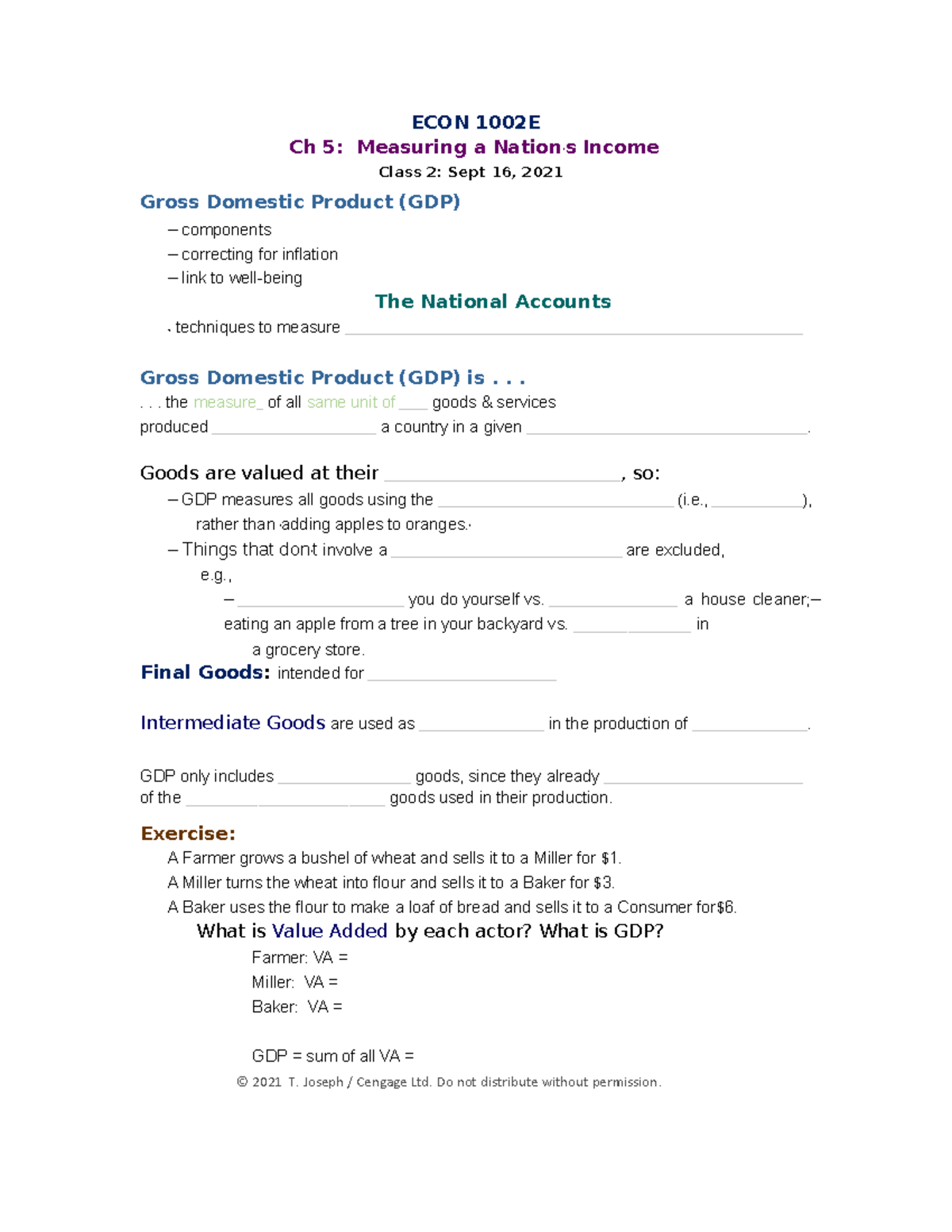 Class 2 - ECON 1002E Ch 5: Measuring a Nation’s Income Class 2: Sept 16 ...