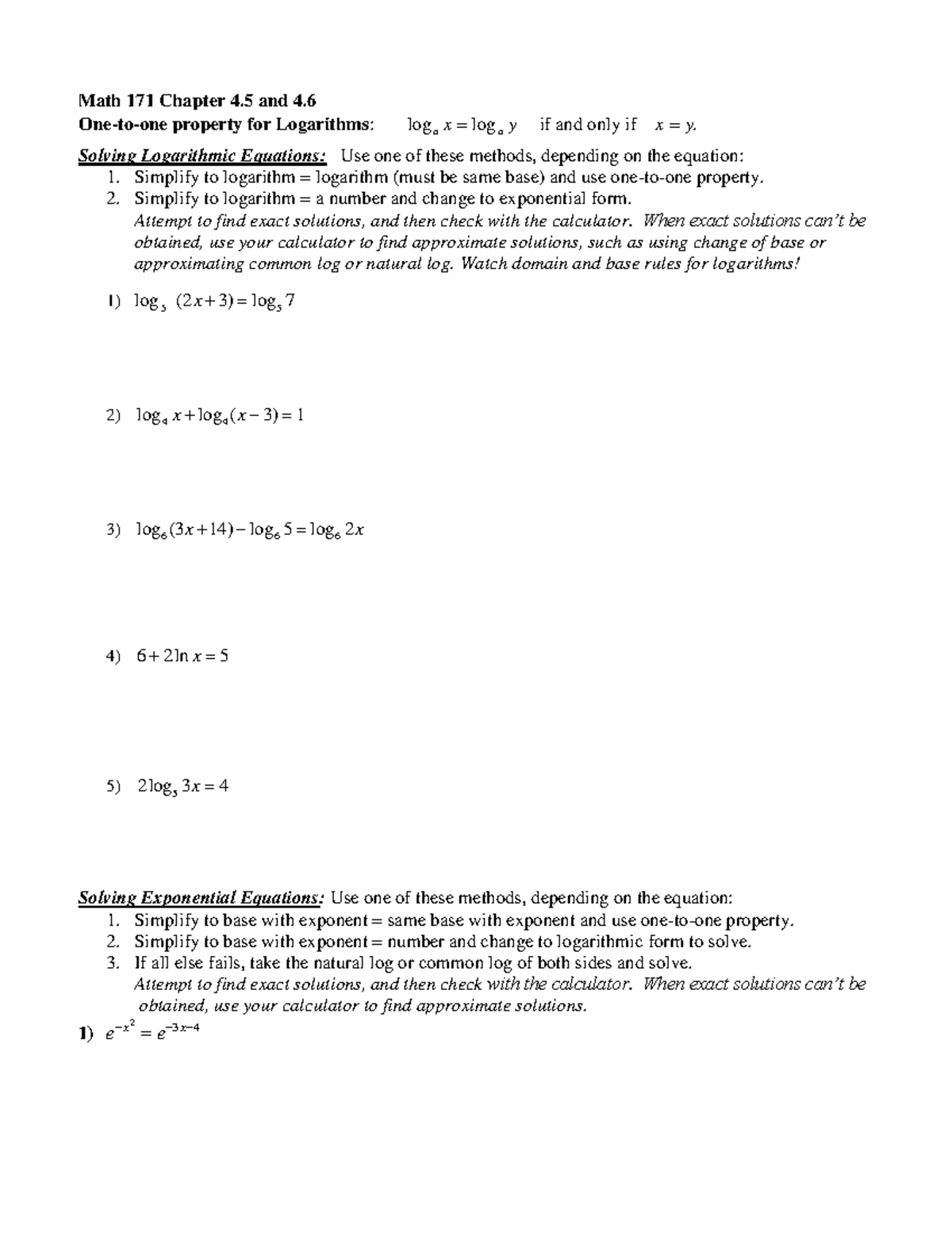 Ch 4.5-4.6 Outline for class - Math 171 Chapter 4 and 4. One-to-one ...