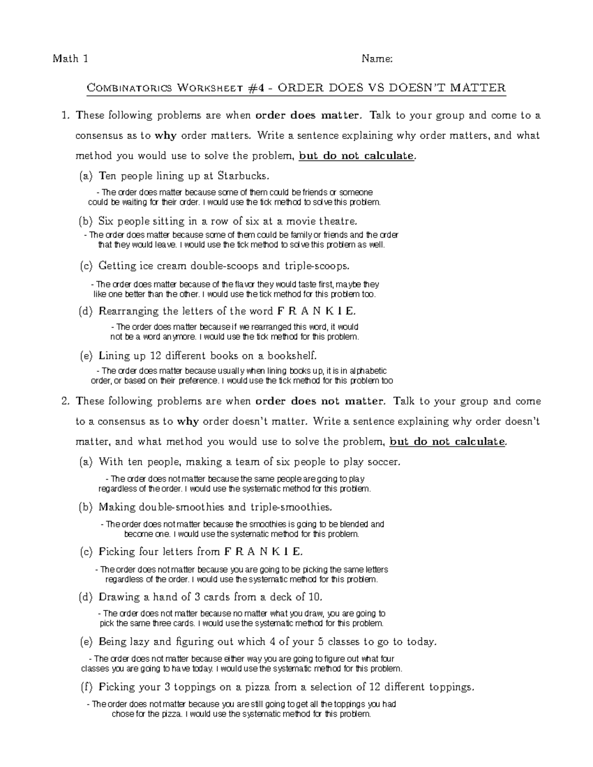 Combinatorics Ex 4 Math 1 Name Combinatorics Worksheet 4 ORDER