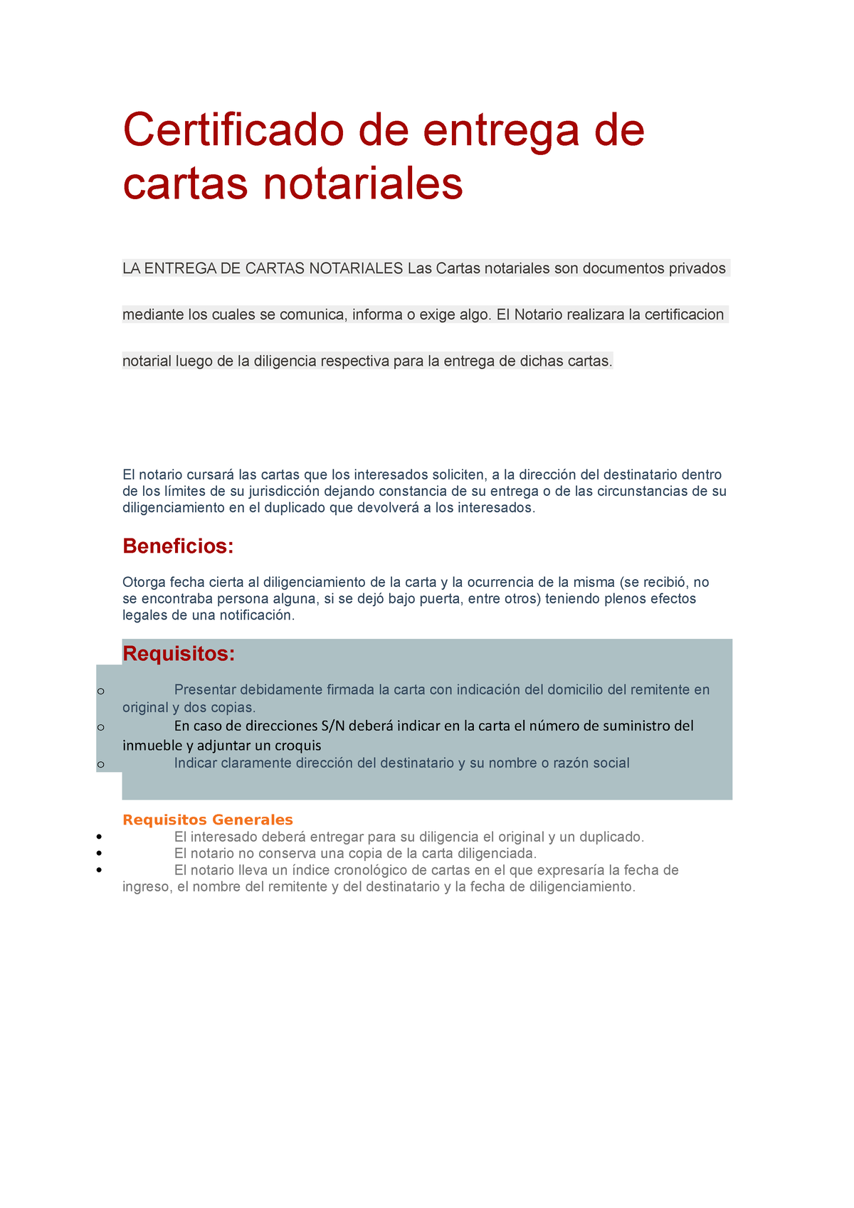 Certificado de entrega de cartas notariales - Certificado de entrega de  cartas notariales LA ENTREGA - Studocu