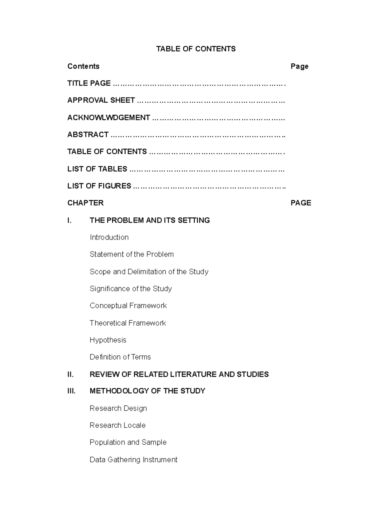 Research Format Table of contents TABLE OF CONTENTS Contents Page 