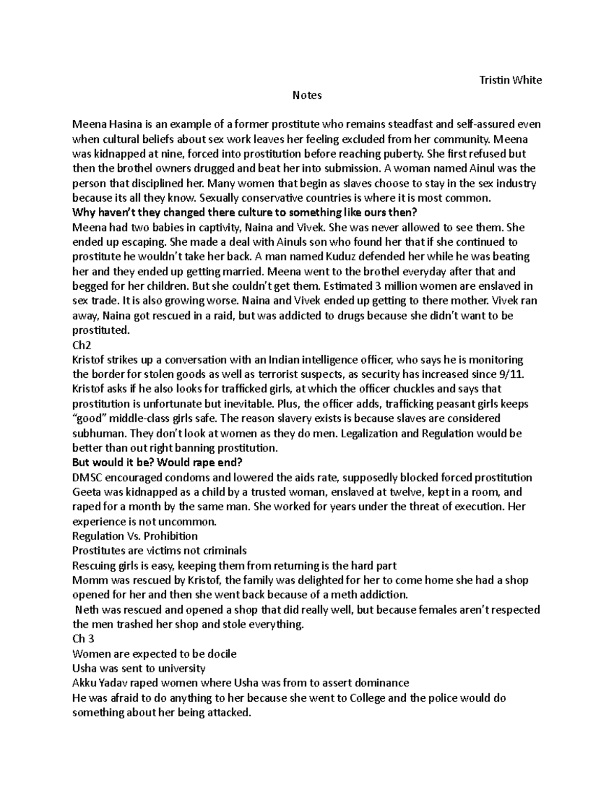 Notes FOR Class Summary Half The Sky Half The Sky Tristin White