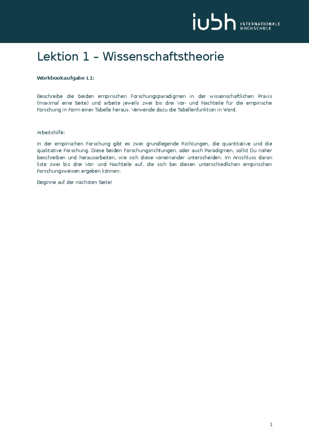 Iu Workbook Einführung In Das Wissenschaftliche Arbeiten Workbook Einführung in das wissenschaftliche Arbeiten - Lektion 1