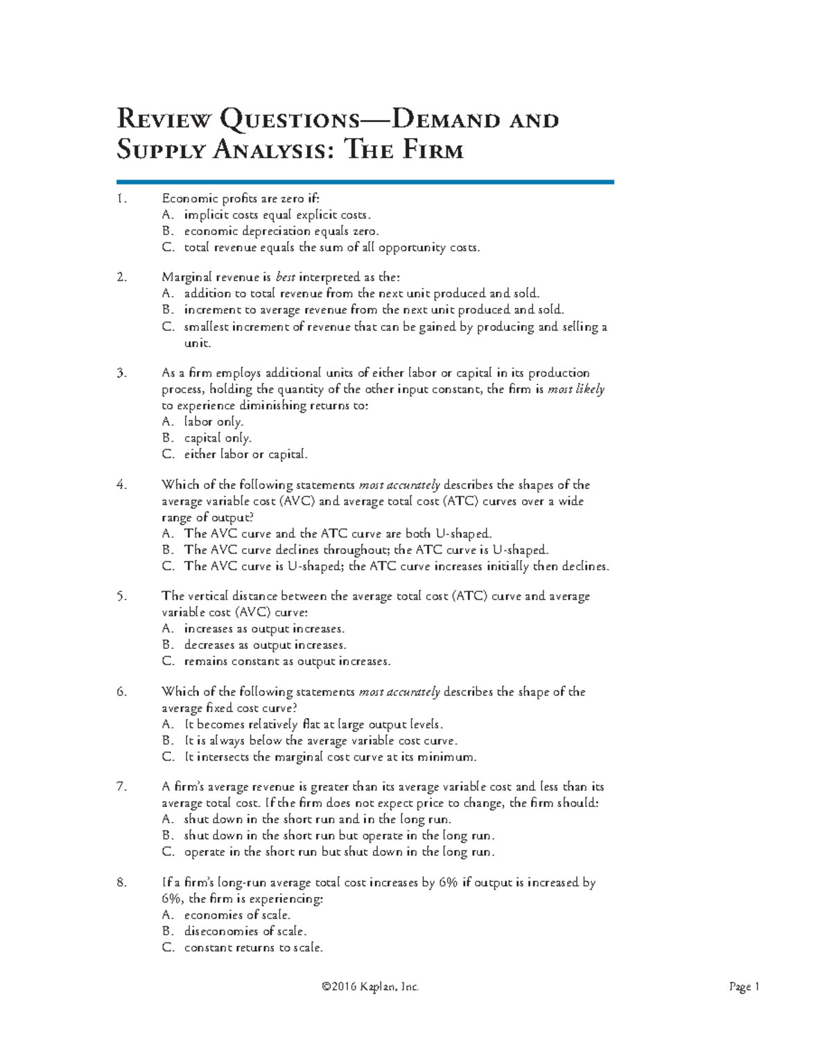 9. Review Questions for Demand and Supply Analysis Th - ©2016 Kaplan ...