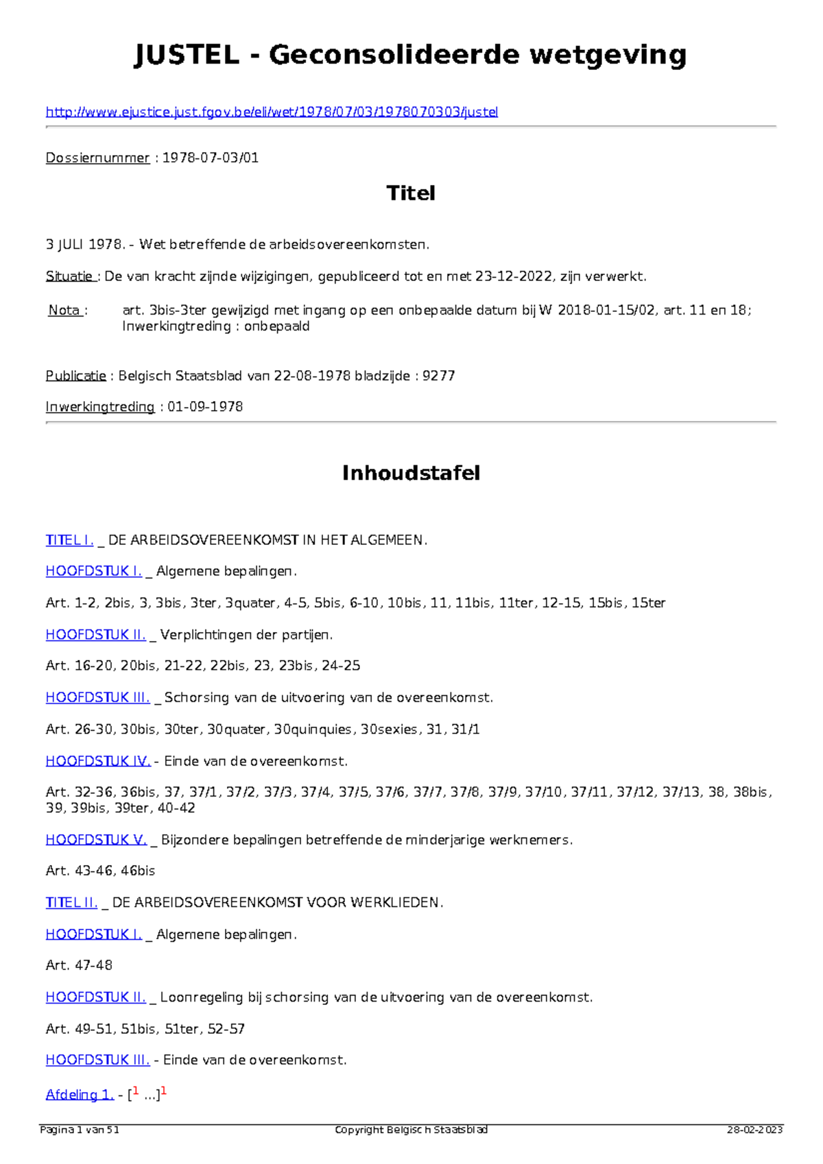 Wet Betreffende De Arbeidsovereenkomsten - JUSTEL - Geconsolideerde ...