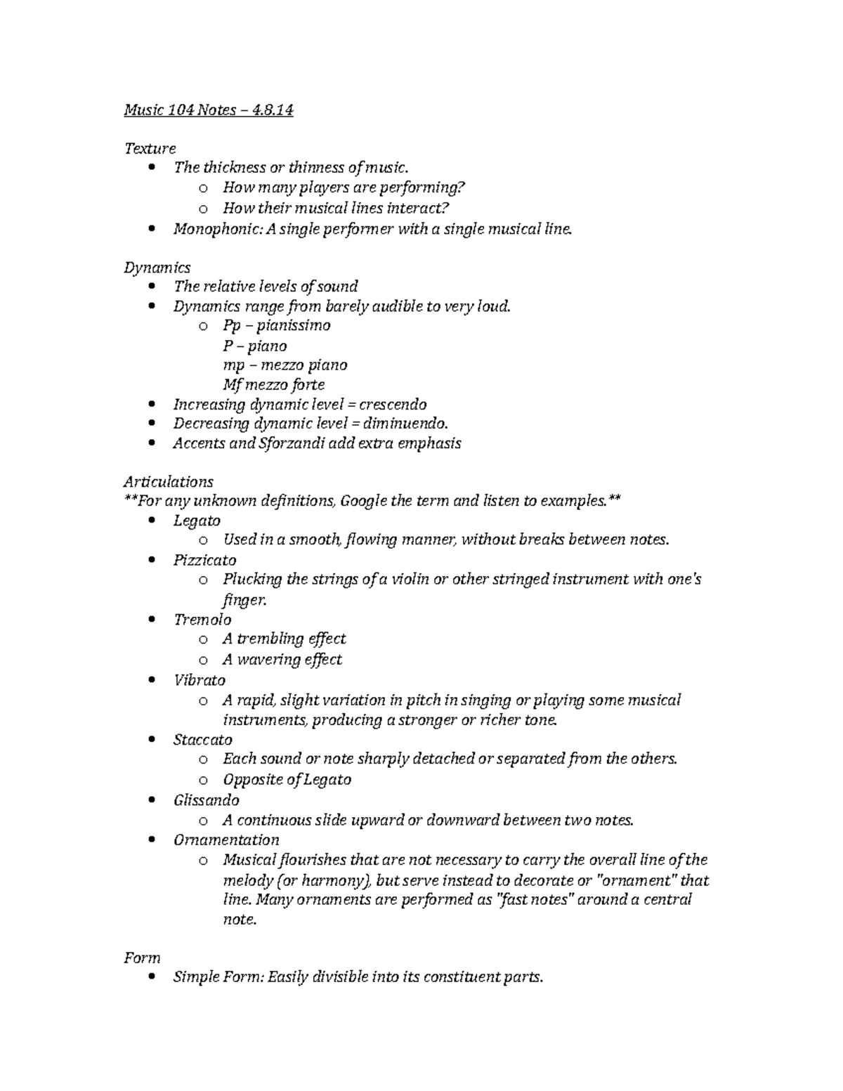 Music 104 Notes – 4/8/14 - Music 104 Notes – 4.8 Texture The thickness ...