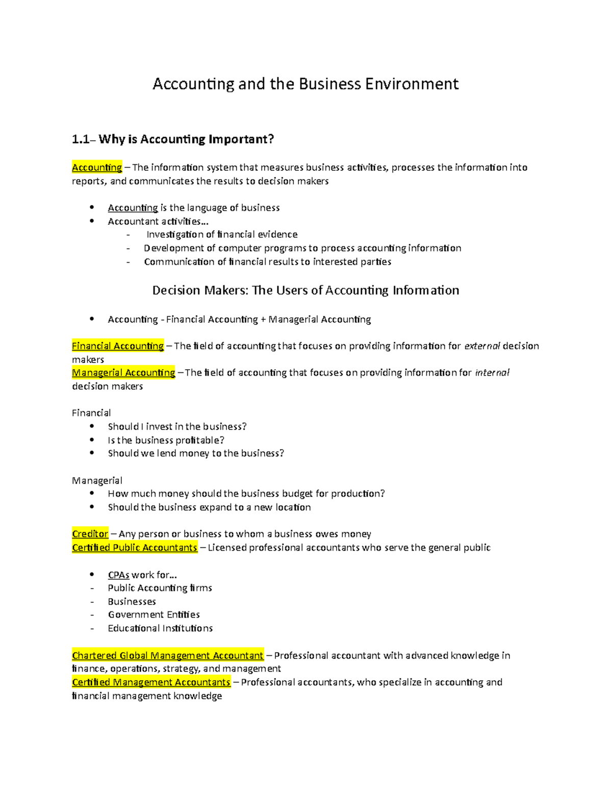 Accounting and the Business Environment Notes - Accounting and the ...