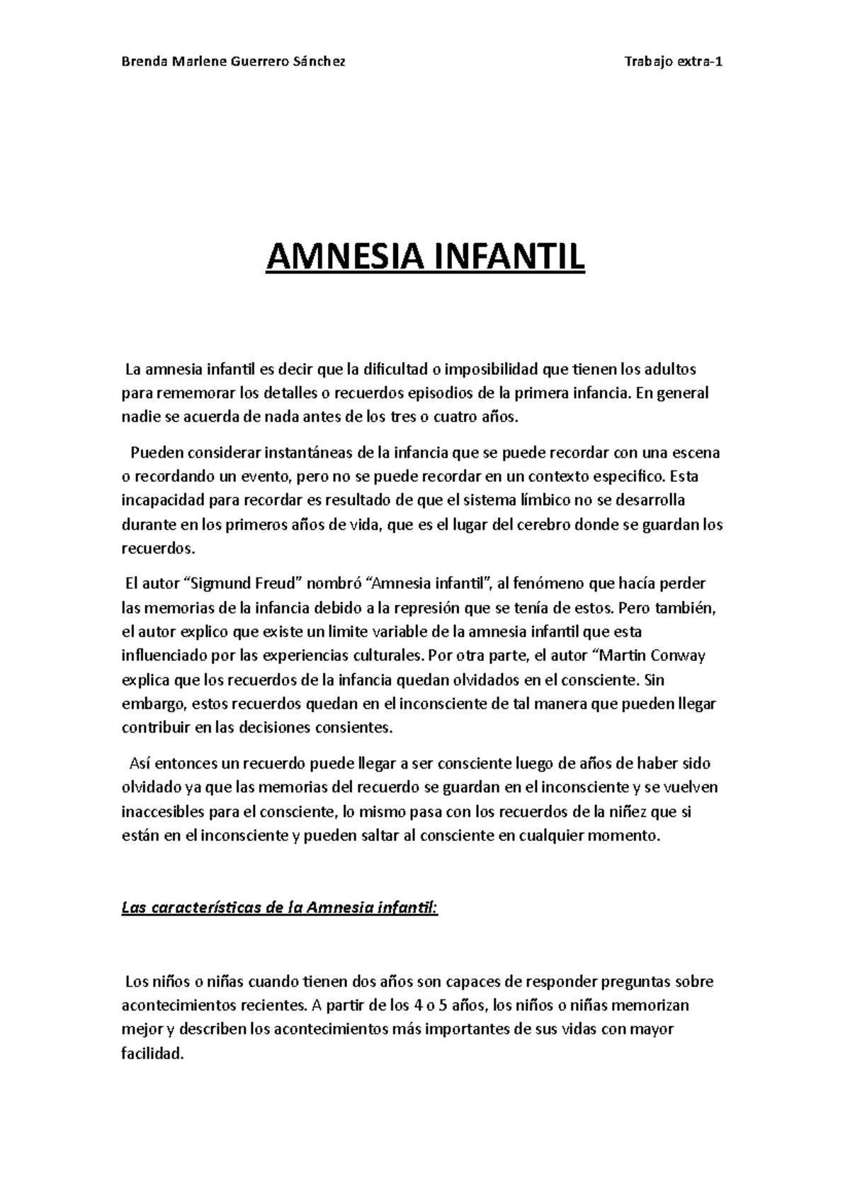 Trabajo extra psicologia del desarrollo - AMNESIA INFANTIL La amnesia ...