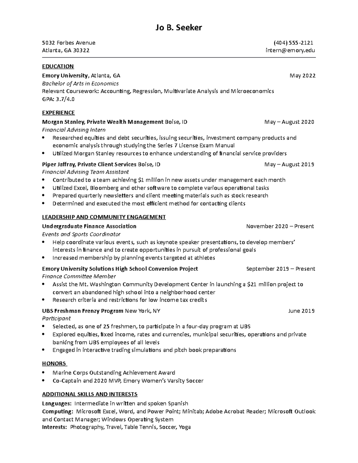 Business Resume Template Sample 3 - Jo B. Seeker 5032 Forbes Avenue ...