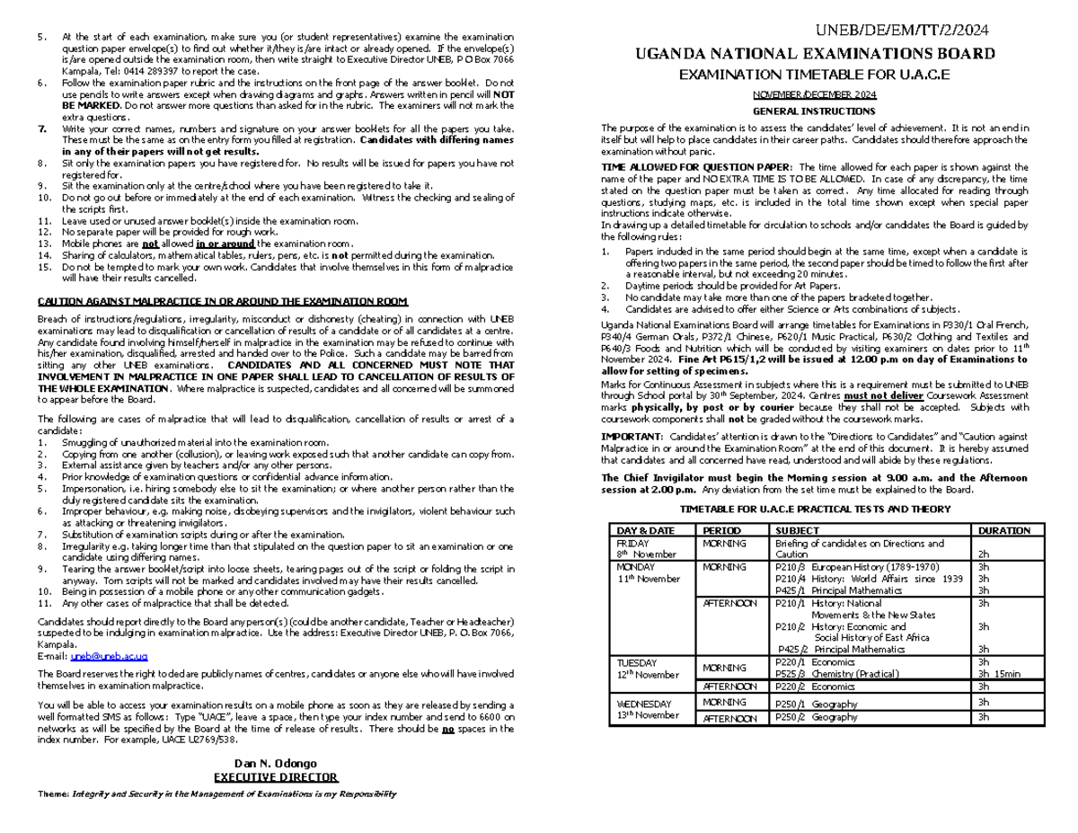 UACE - It ugandan 2024 time table - At the start of each examination ...