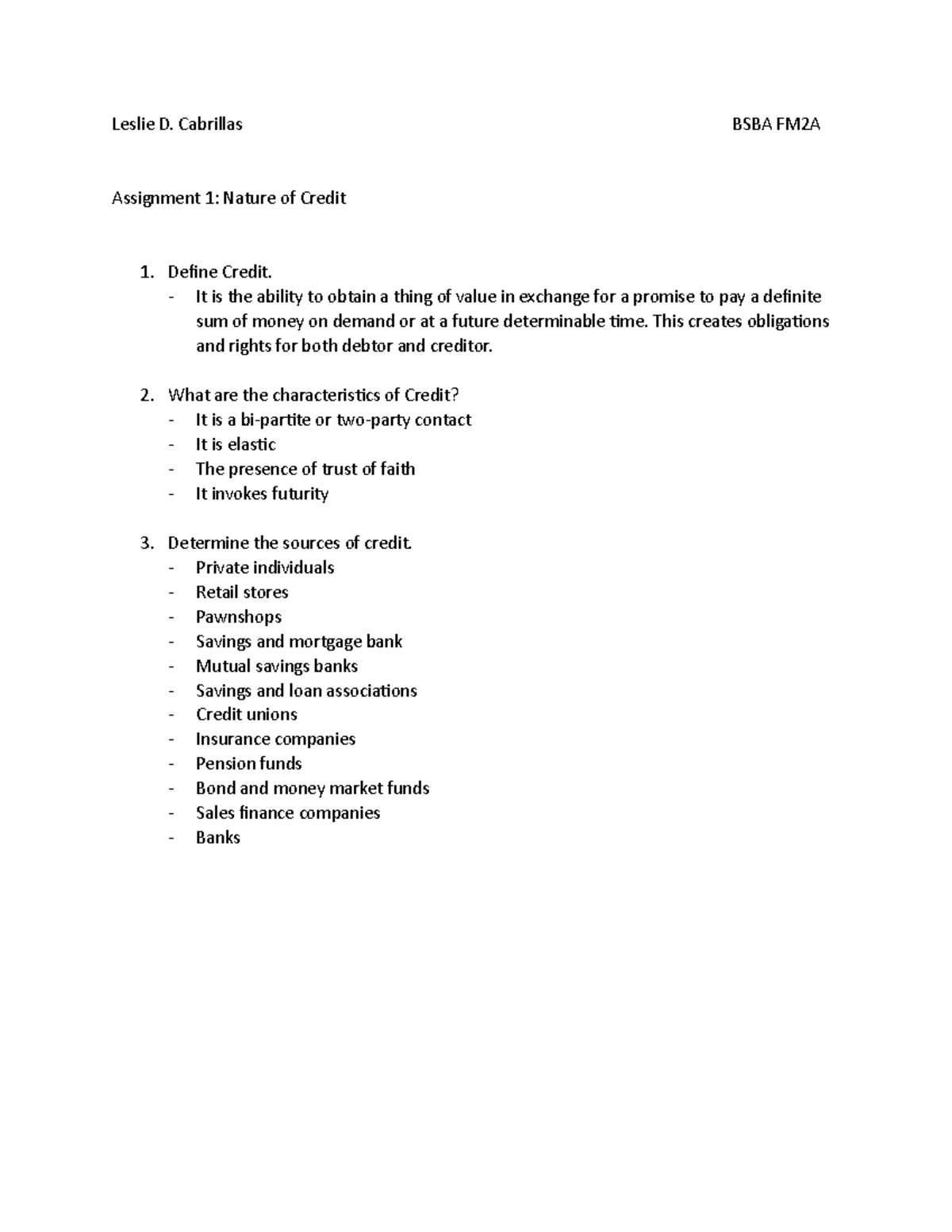 Activity 1 Nature of Credit - Leslie D. Cabrillas BSBA FM2A Assignment ...