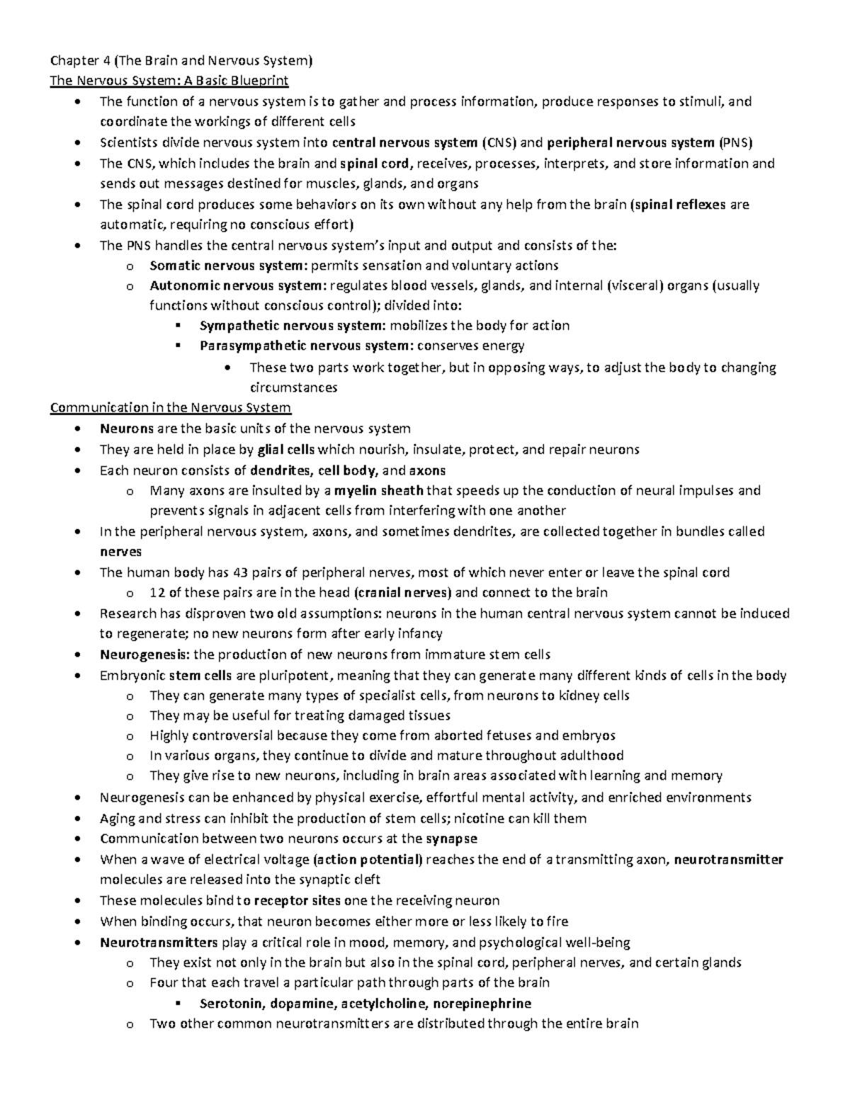 Gen Psych Notes Ch 4 Notes On The Brain And The Nervous System
