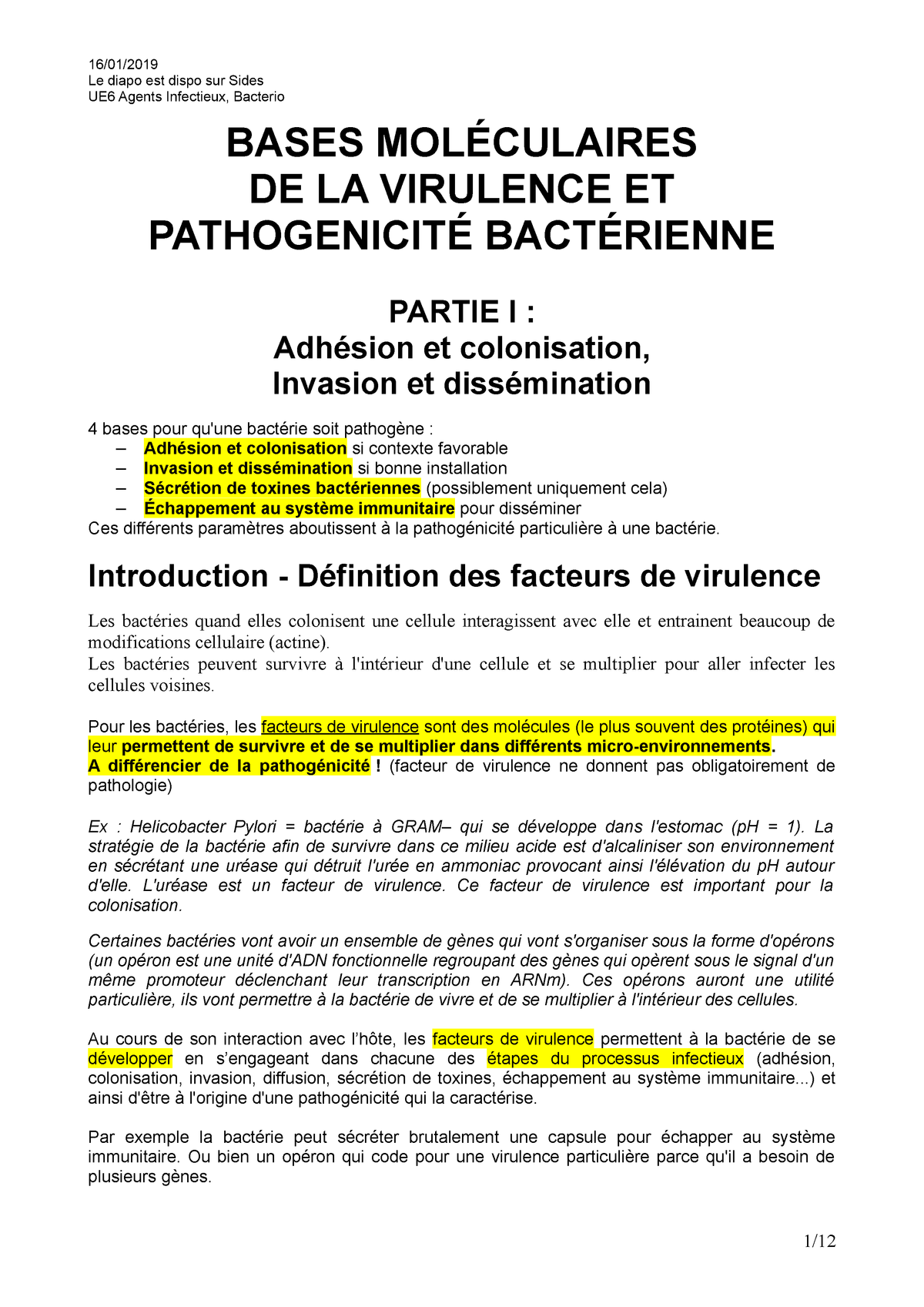 M3 Infect Bases Moleculaires De La Virulence Bacterienne Partie 1 Studocu