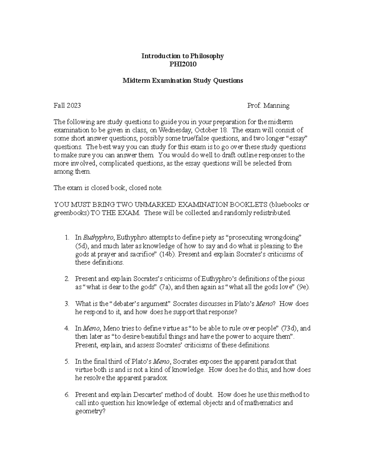 PHI2010 MT study questions F23 - Introduction to Philosophy PHI Midterm ...