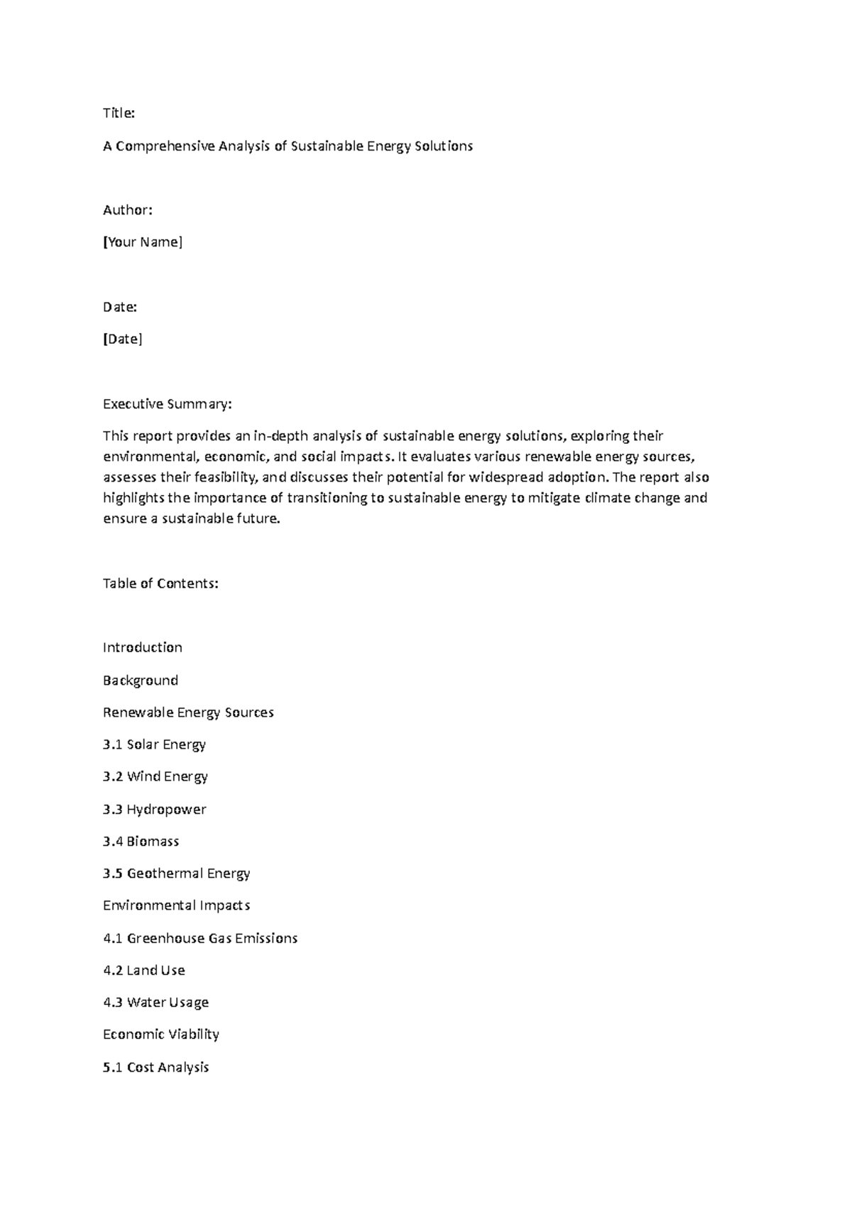 Report draft - A Comprehensive Analysis of Sustainable Energy Solutions ...