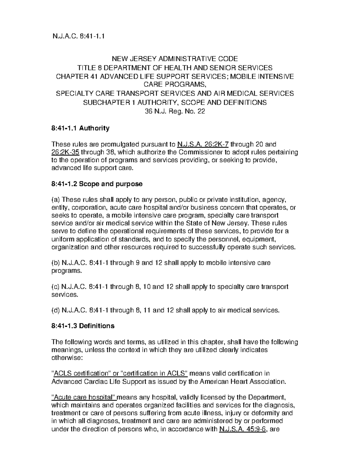 Njac841r Health Care Organization and Administration - N.J.A. 8:41-1 ...