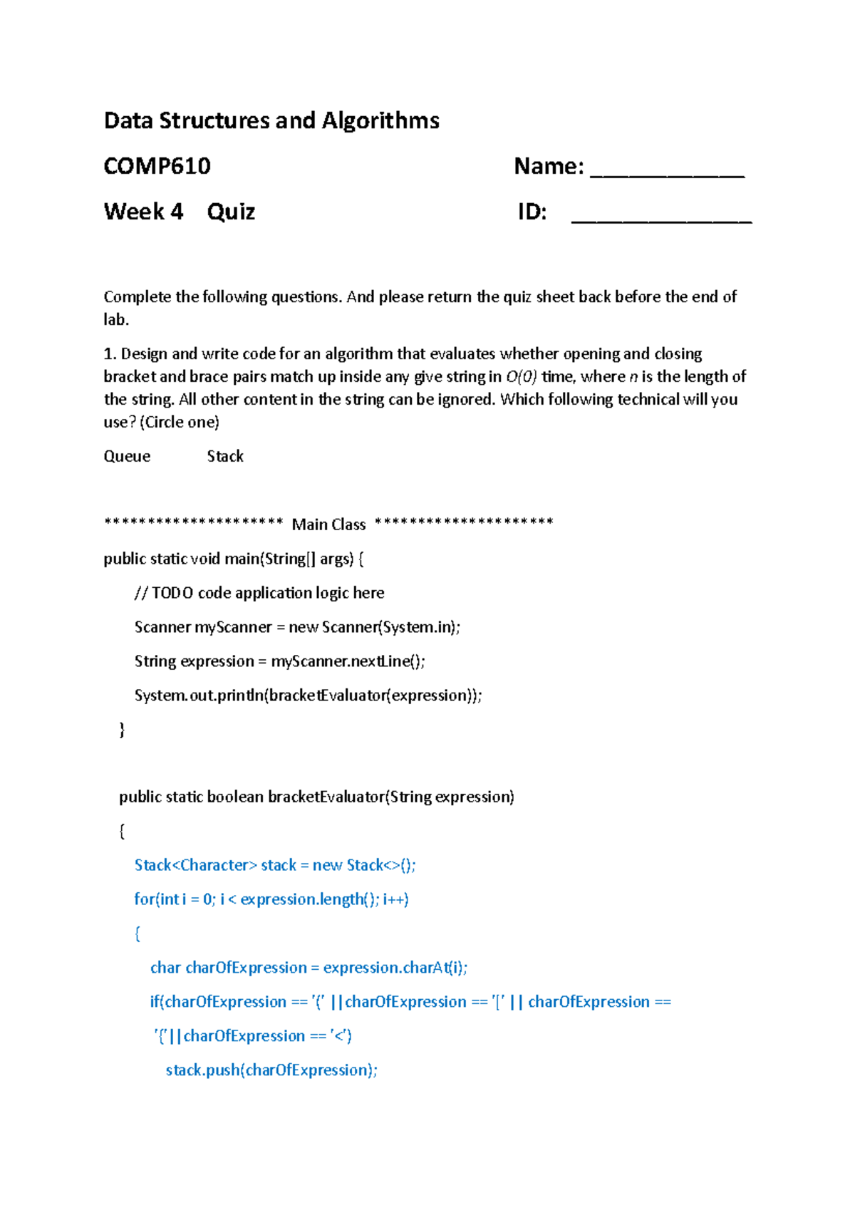 Week 4 answer - Data Structures and Algorithms COMP610 Name ...
