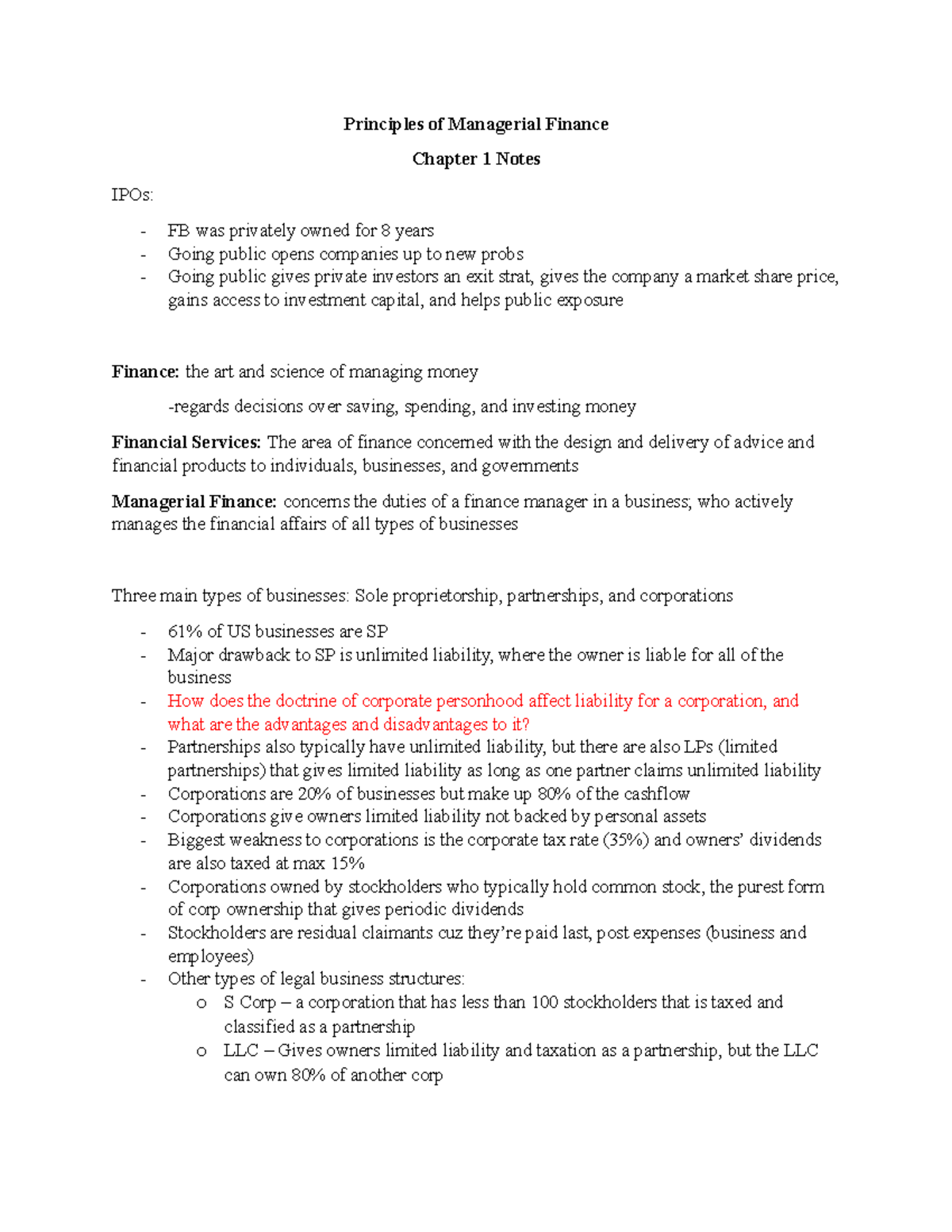 Chapter 1 - Lecture notes 1 - Principles of Managerial Finance Chapter ...