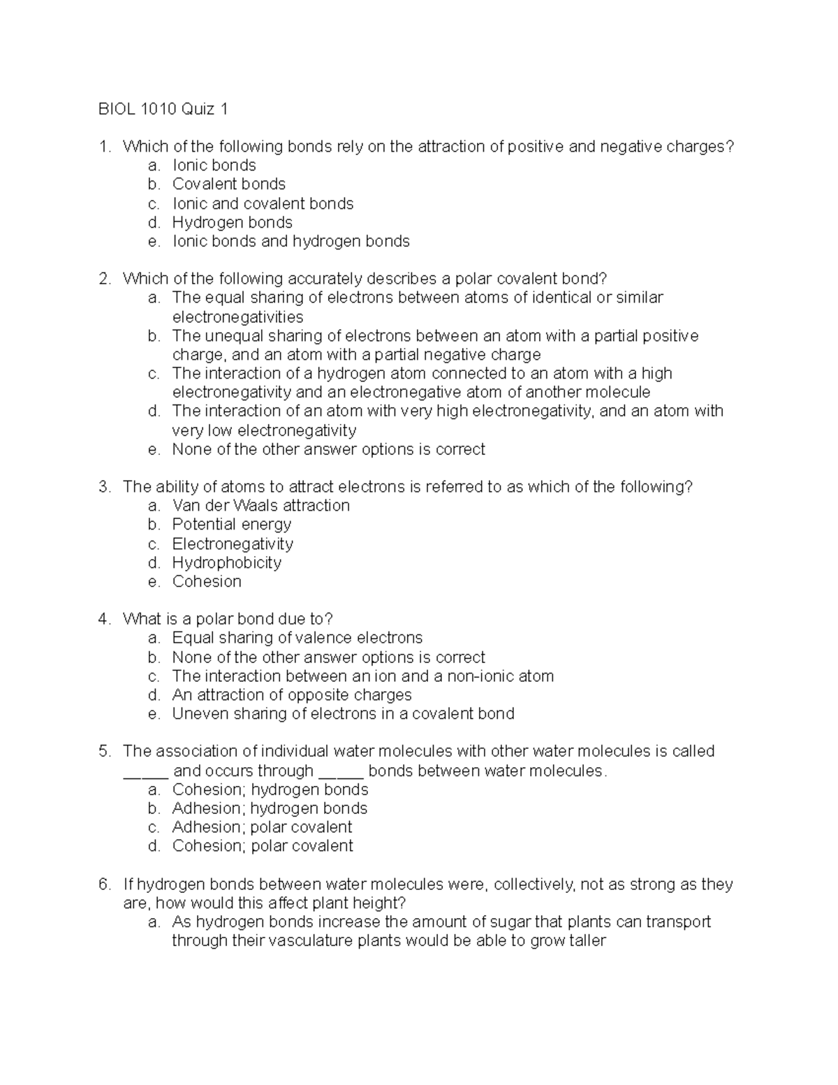 Quiz 1 - practice questions - BIOL 1010 Quiz 1 Which of the following ...