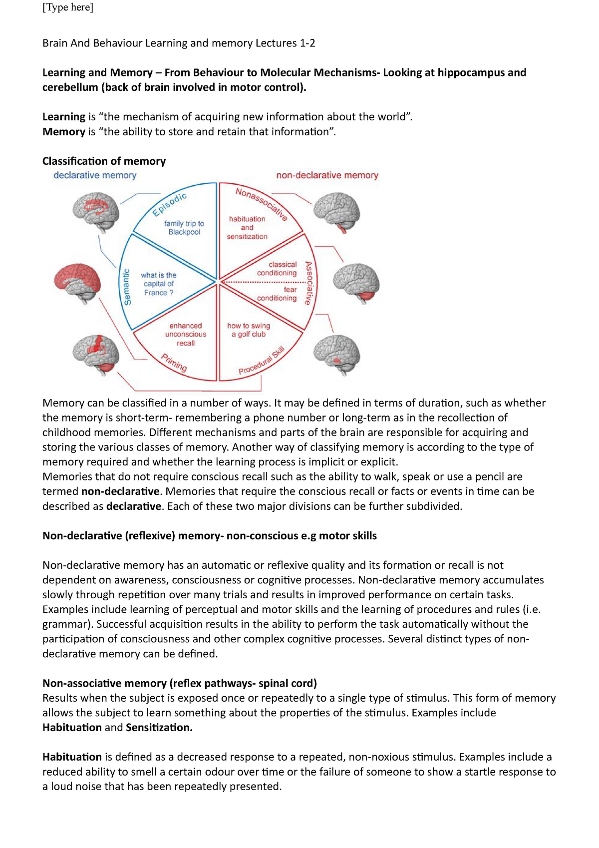 BS3033 Brain And Behaviour Learning And Memory Topic - [Type Here ...