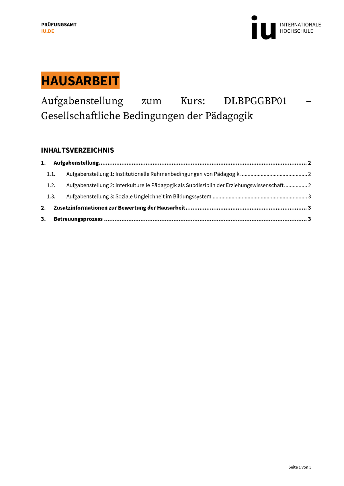 Aufgabenstellung Hausarbeit DLBPGGBP01 - Seite 1 Von 3 PRÜFUNGSAMT IU ...