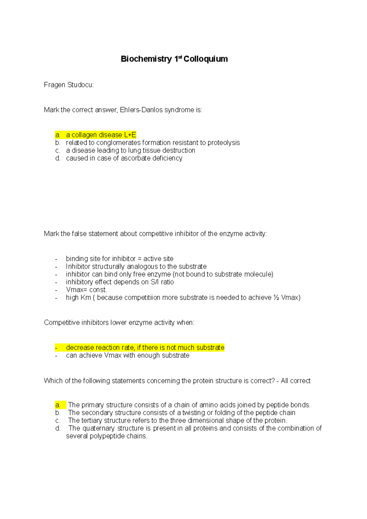 Biochem - Questions For Practice - %LRFKHPLVWU\ VW &ROORTXLXP )UDJHQ ...