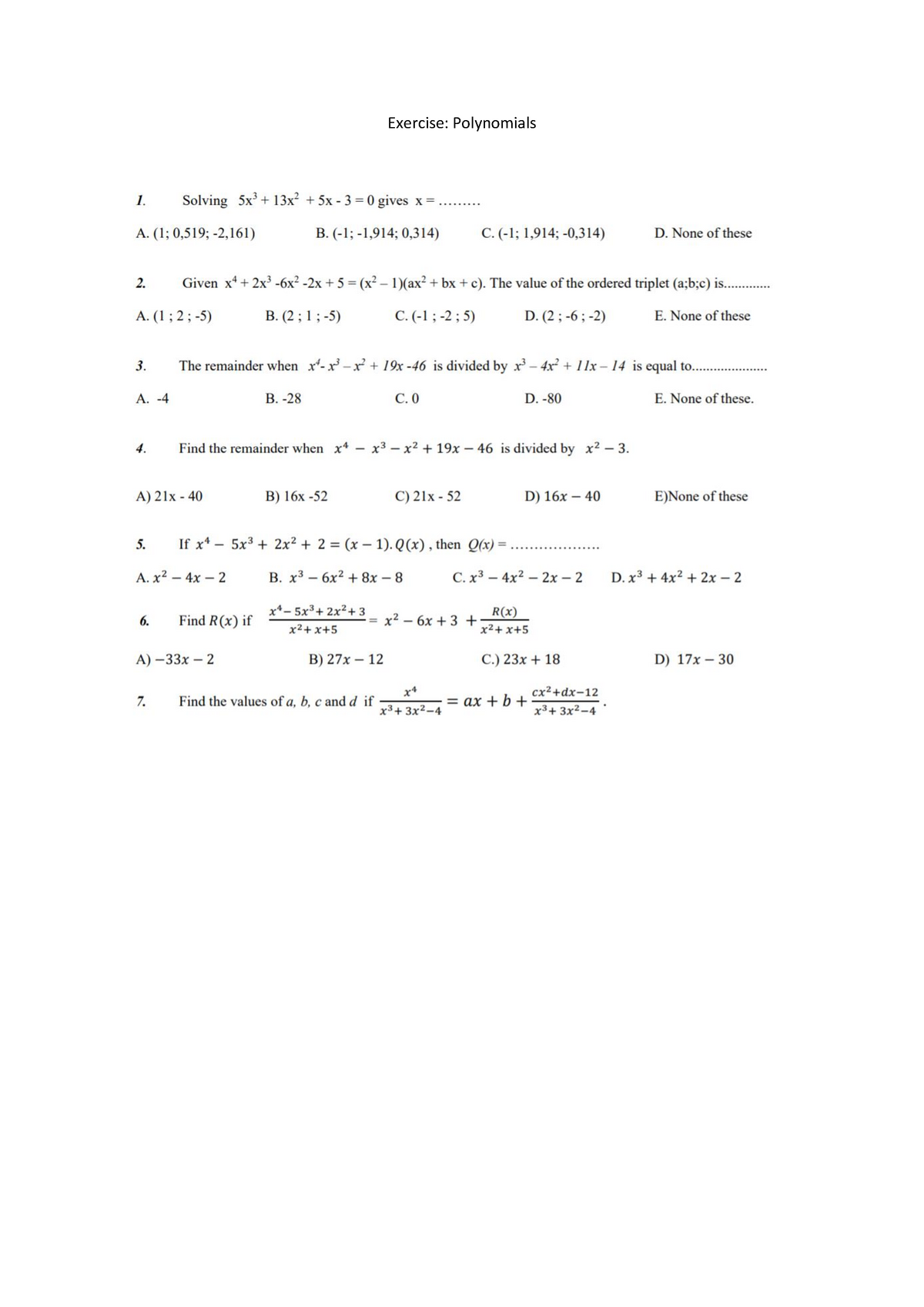 Exercise Polynomials Practice / Tutorial For Marks - Exercise ...