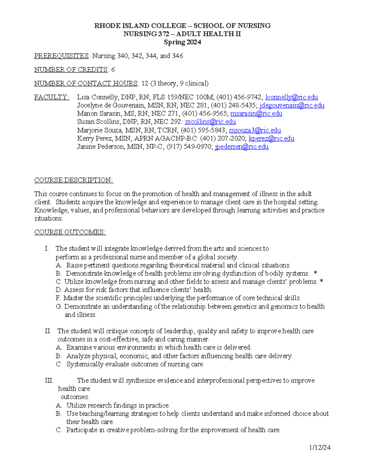 N 372 Adult Health II Syllabus Spring 2024 - RHODE ISLAND COLLEGE ...