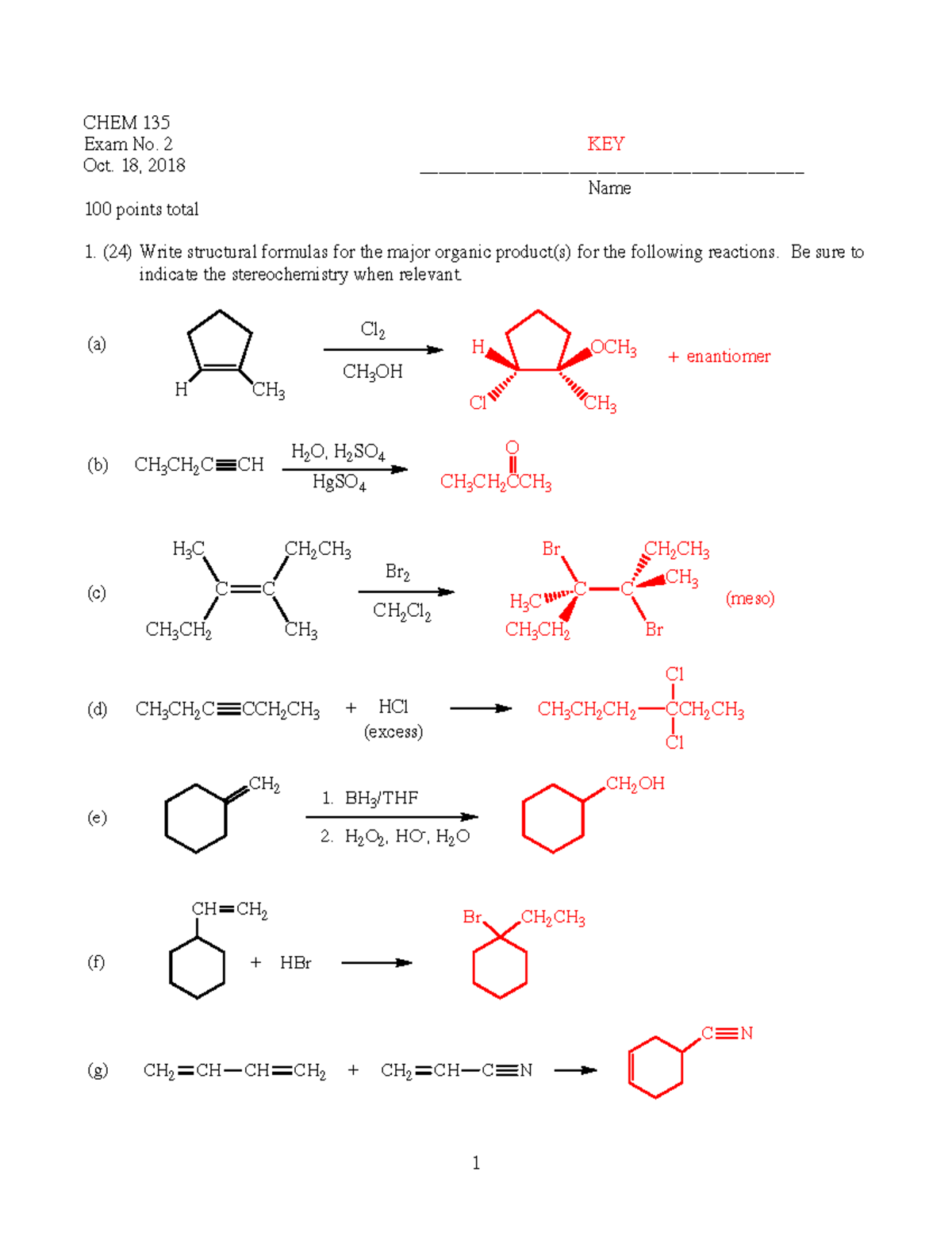 CHEM 135 Exam 2 F18 key - Practice exam 2 full organic - CHEM 135 Exam ...