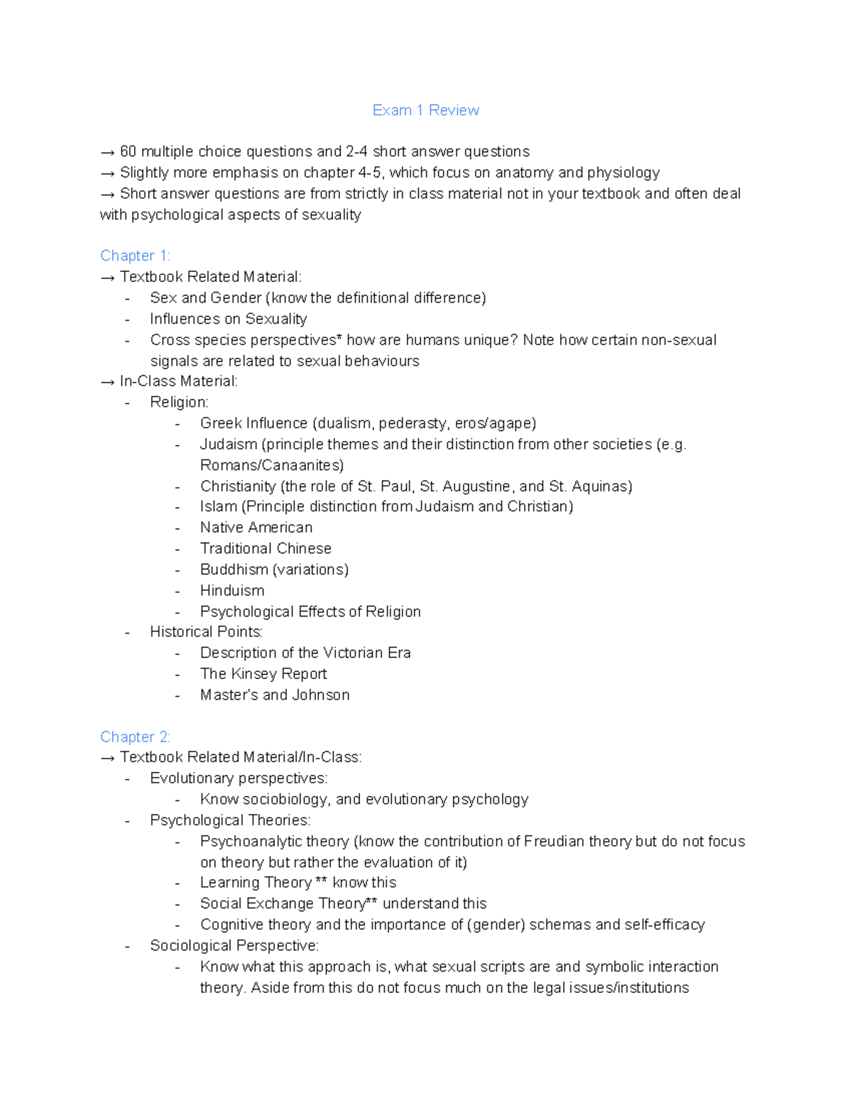 Human Sexuality Exam 1 Review - Exam 1 Review → 60 multiple choice ...