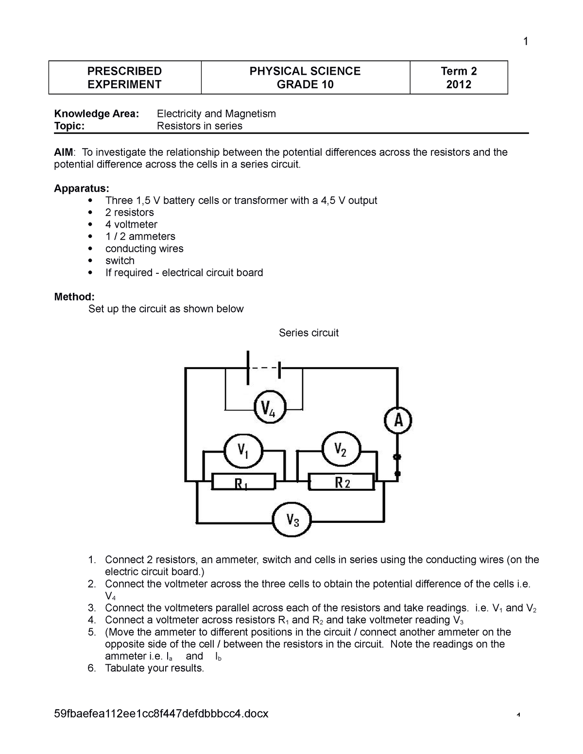 physical sciences prescribed experiment for formal assessment