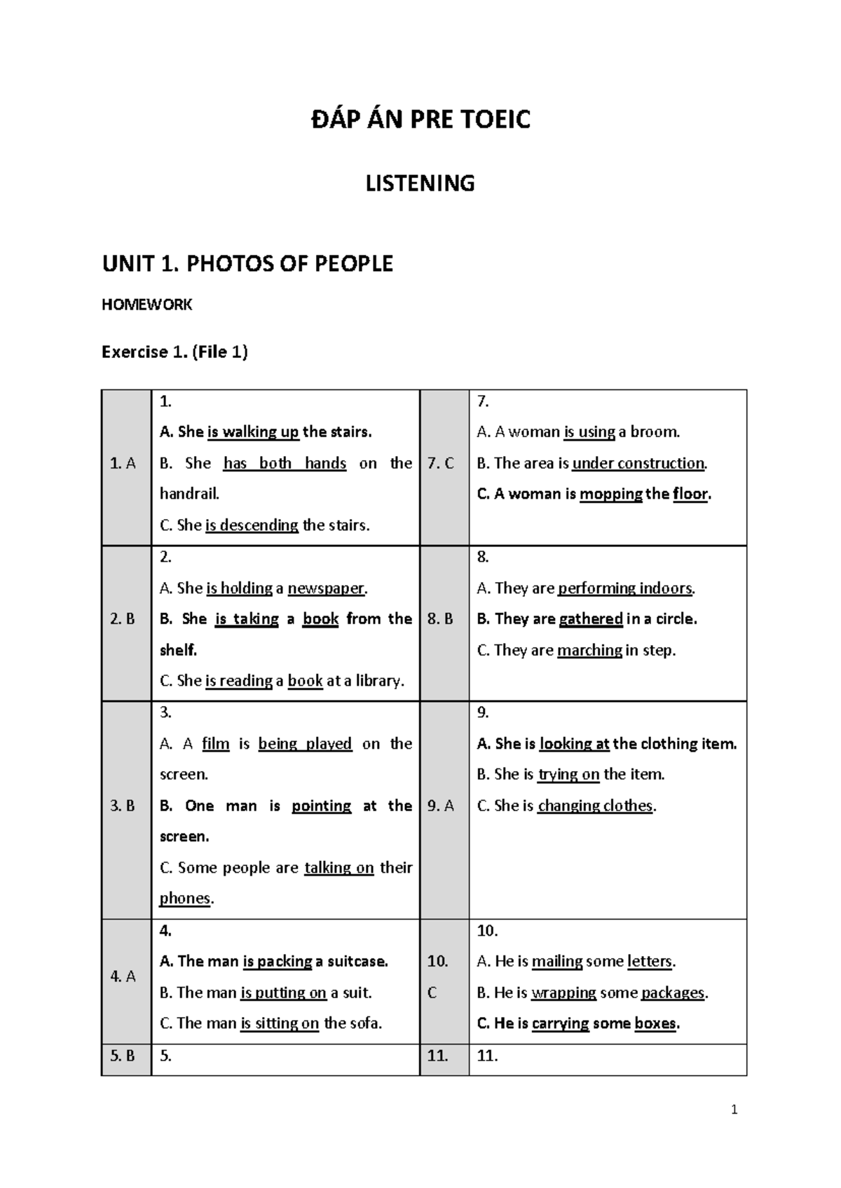PRE Toeic- Đáp án Student s book - ĐÁP ÁN PRE TOEIC LISTENING UNIT 1 ...
