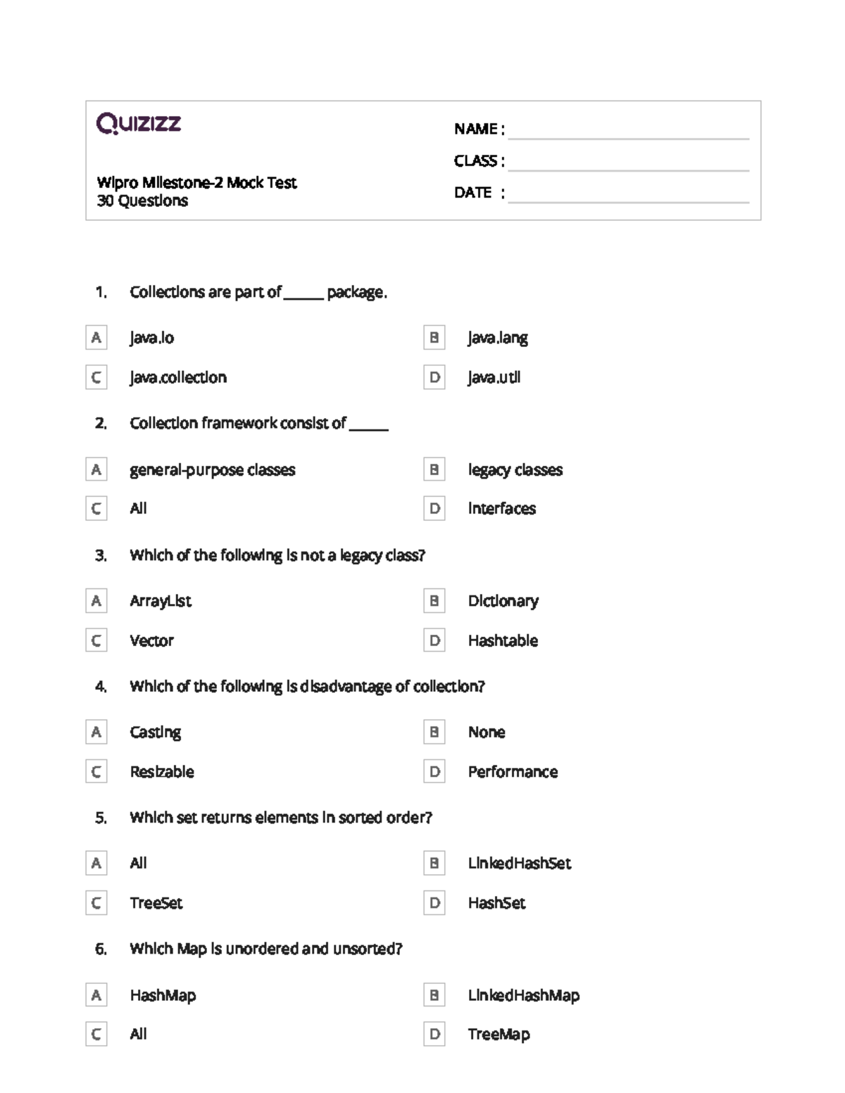 Wipro Milestone2 Mock Test A java B java C java D java Collection