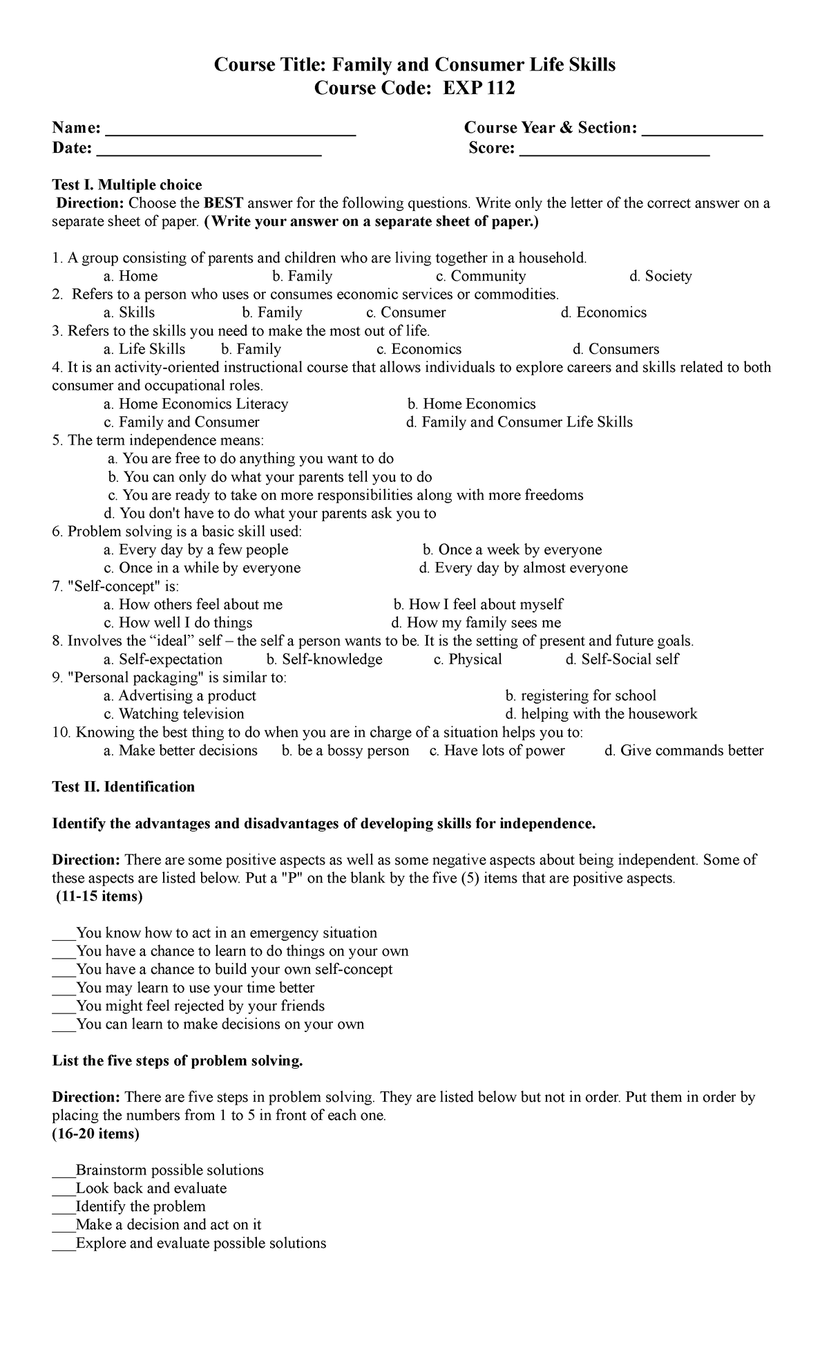 Family Consumer Life Skills - Course Title: Family And Consumer Life 