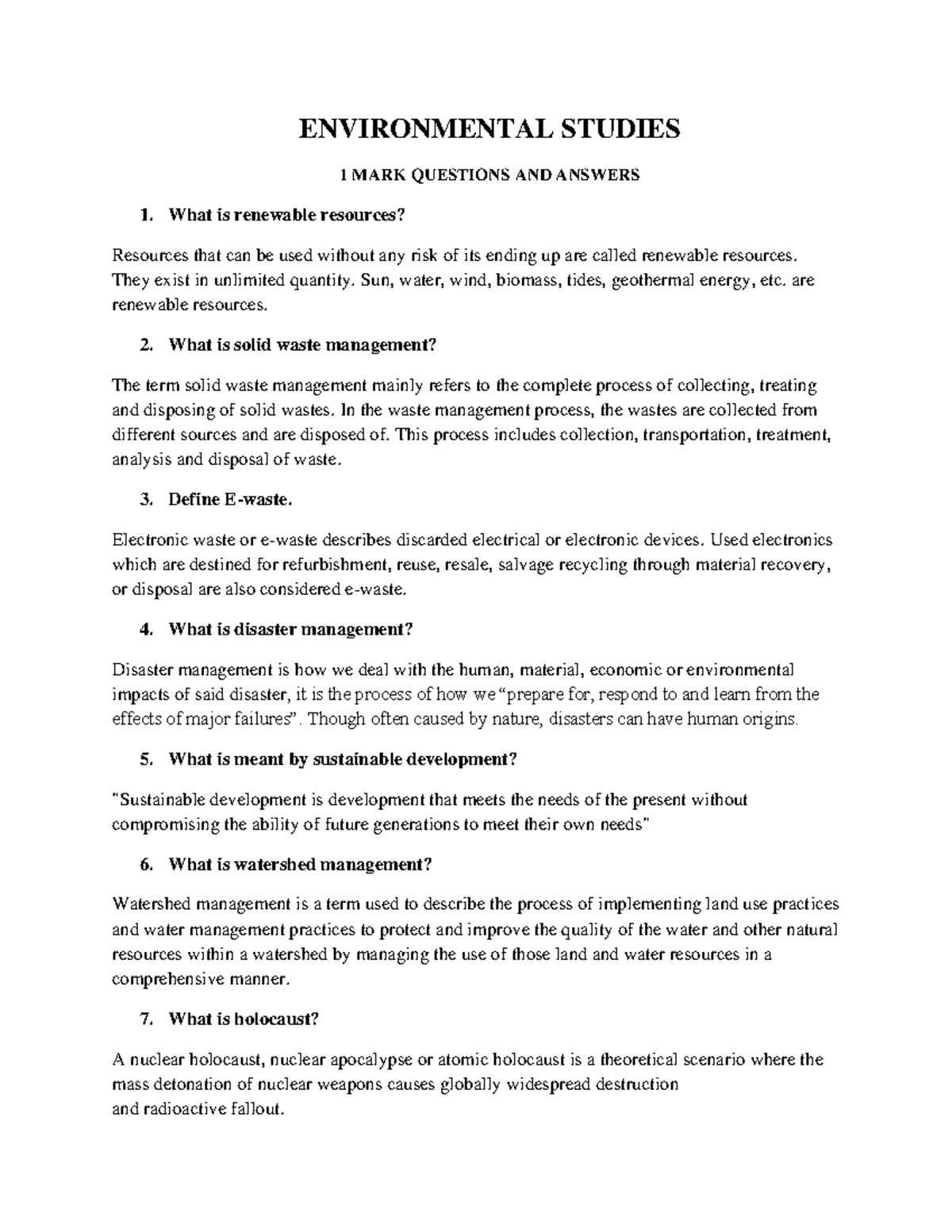 EVS 1mark EVS 1 mark important questions ENVIRONMENTAL STUDIES 1