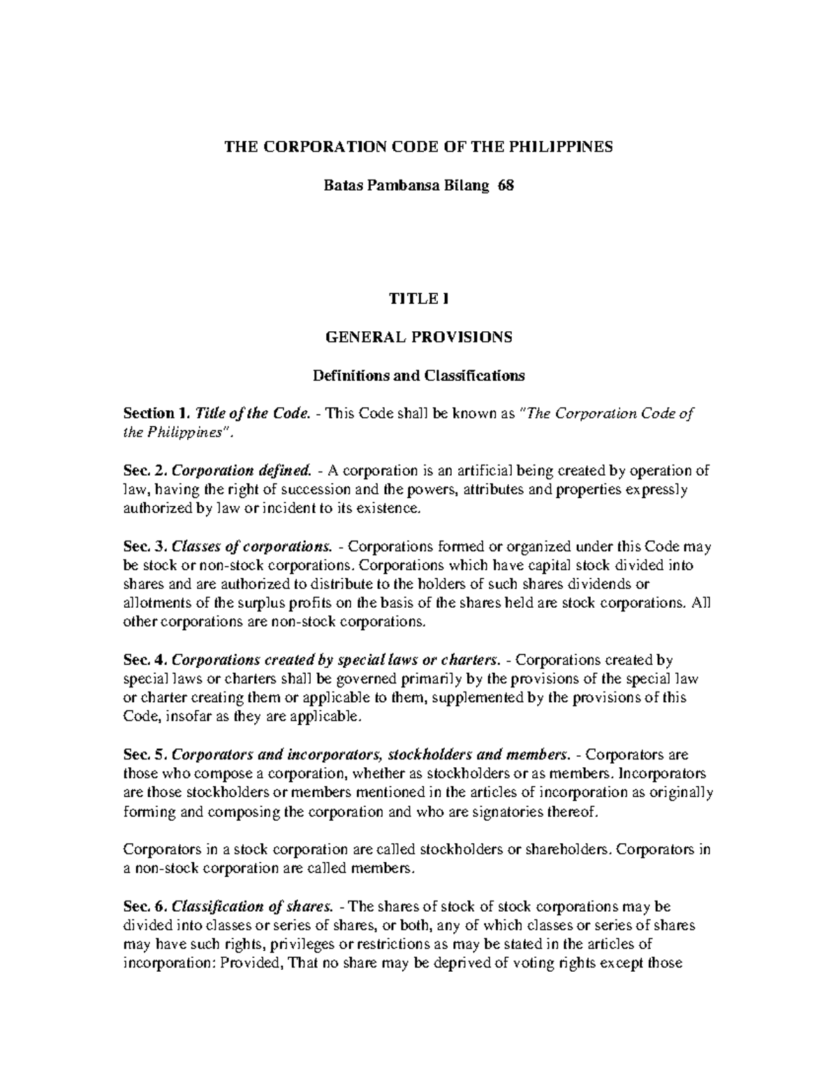 Philippines Corporation Code - THE CORPORATION CODE OF THE PHILIPPINES ...