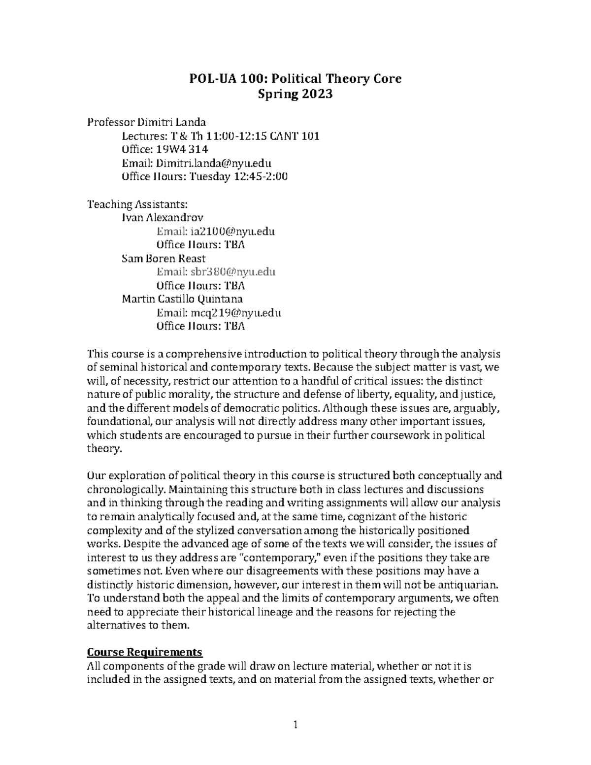Theory Core Undergrad 2023Spring - POL-UA 100: Political Theory Core ...