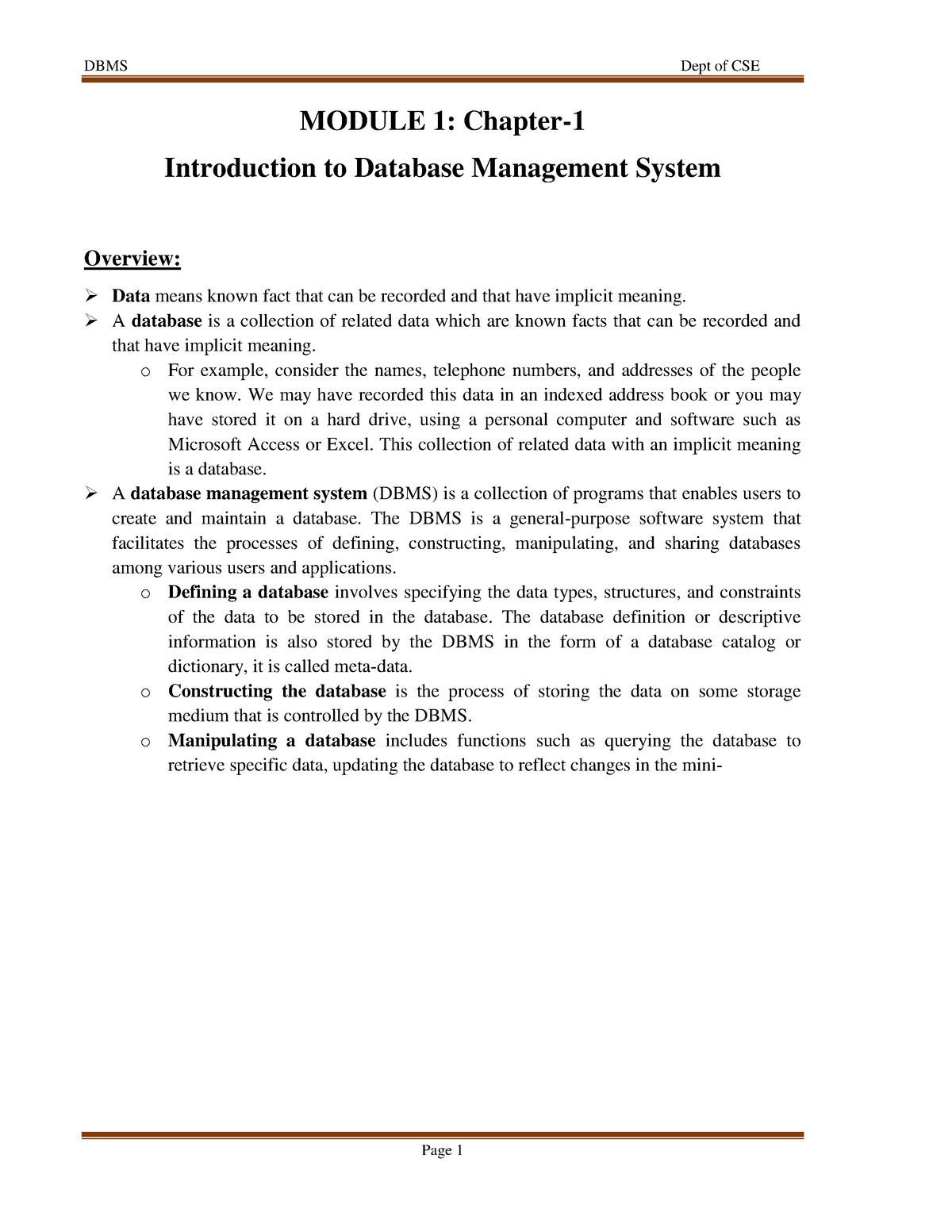 Dbms Module 1 - MODULE 1: Chapter- Introduction To Database Management ...