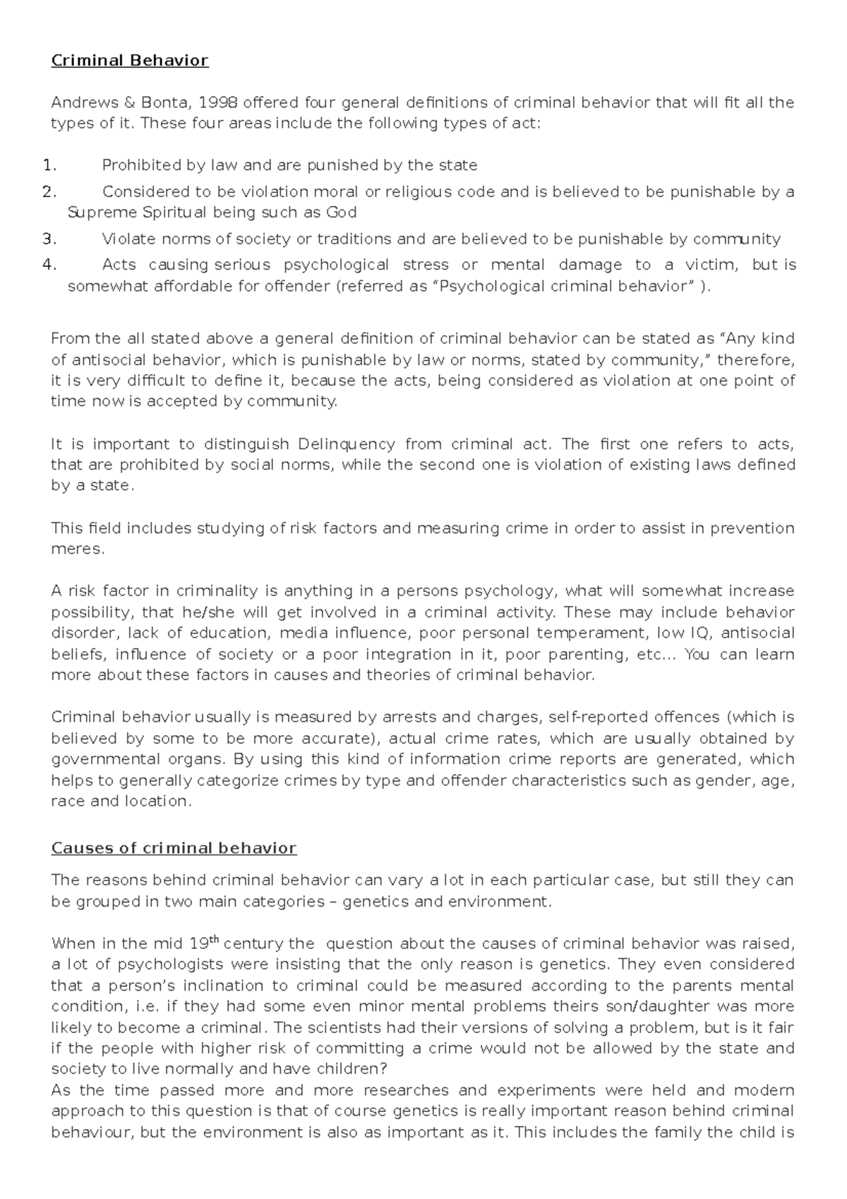 Criminal Behavior Exam Notes - Criminal Behavior Andrews & Bonta, 1998 ...