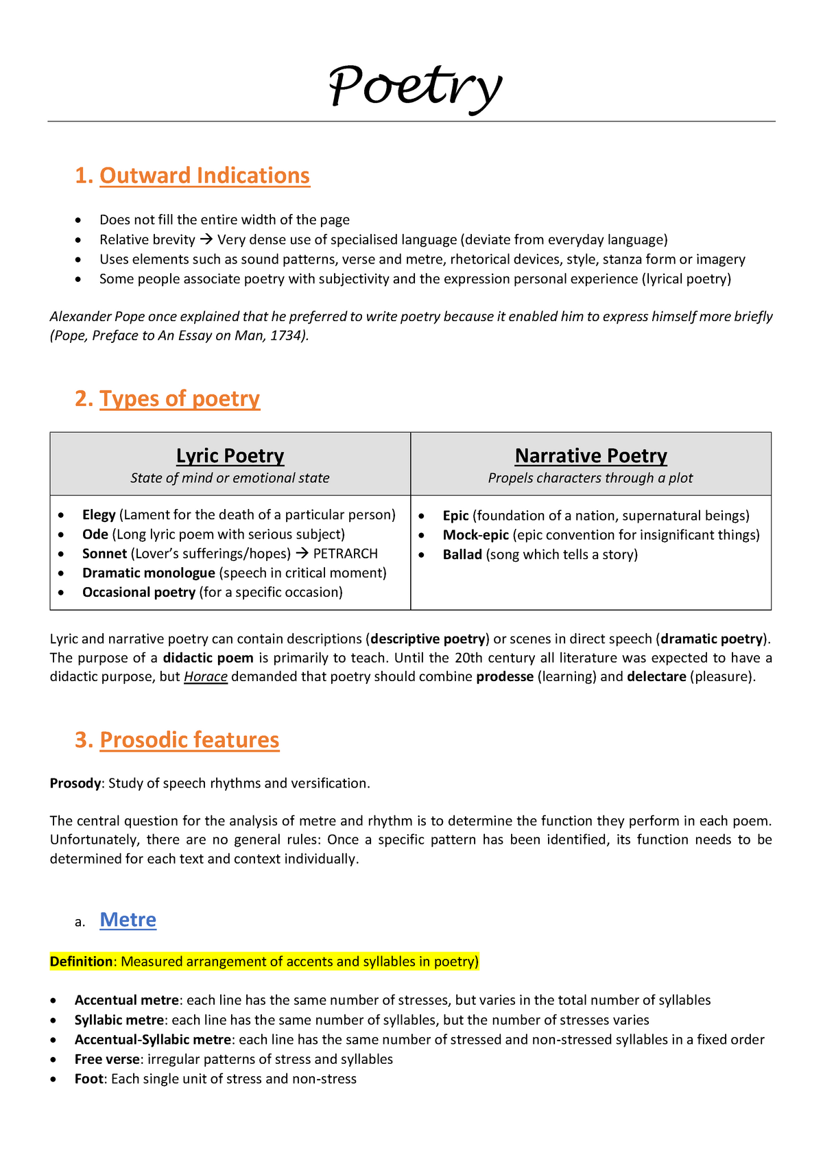 Poetry - Fiche de révision personnelle - Poetry 1. Outward Indications ...