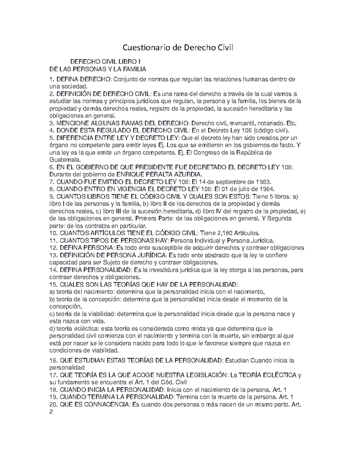 Cuestionario De Derecho Civil I - Cuestionario De Derecho Civil DERECHO ...