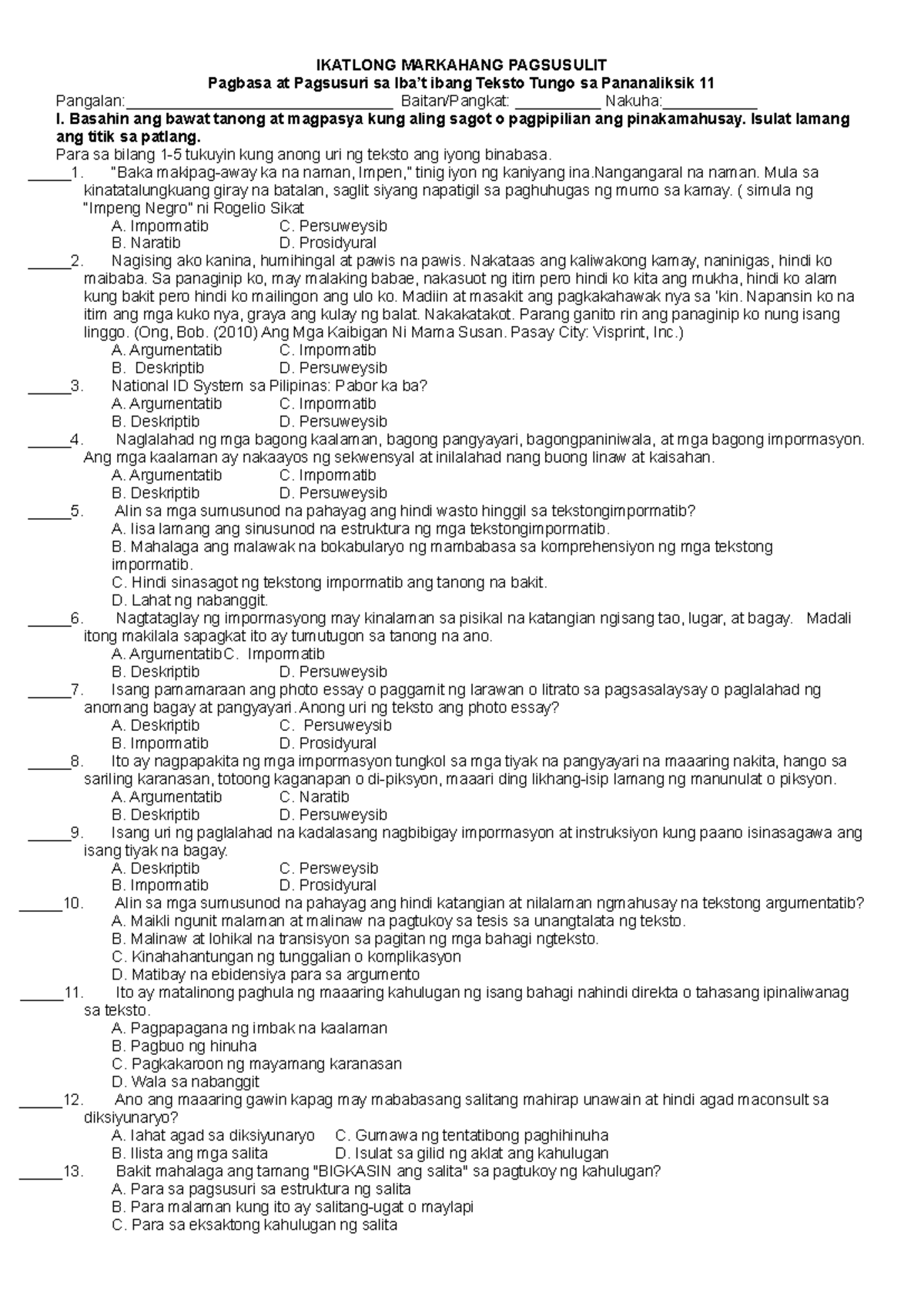 Q3 Fil 11 Lesson Plan Ikatlong Markahang Pagsusulit Pagbasa At Pagsusuri Sa Ibat Ibang 0916