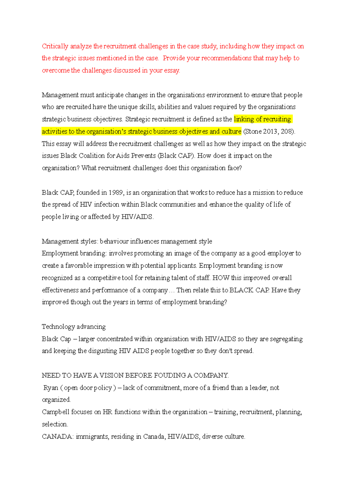 HRM CASE Study - Assignments, Essays, Tutorial Work, Lecture notes etc ...