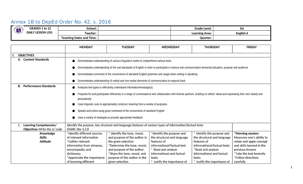 DLL English 6 Q2 Week 1 - Annex 1B to DepEd Order No. 42, s. 2016 ...