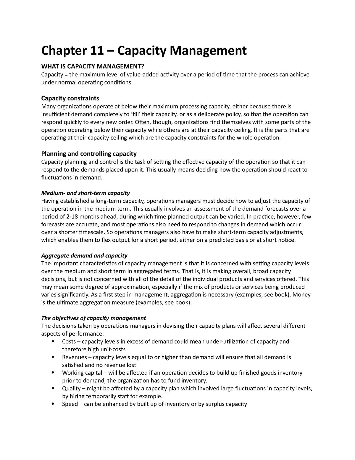 Operations Management Chapter 11 Chapter 11 Capacity Management What Is Capacity Management Studeersnel