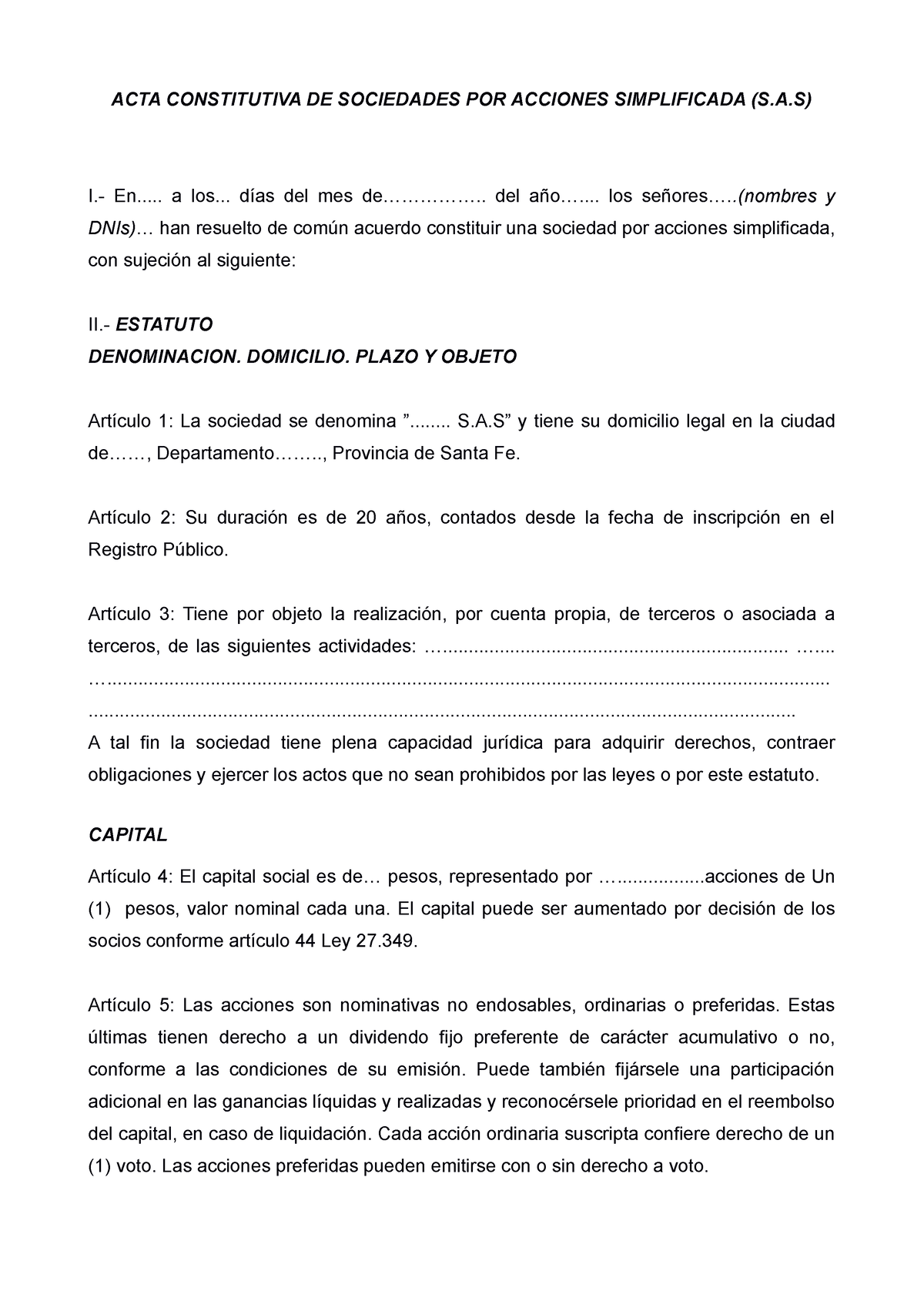 Modelo Sas Con Cinco Administradores Acta Constitutiva De Sociedades